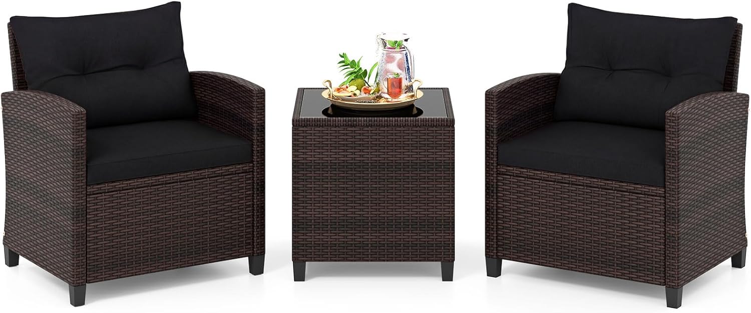 Set de mobilier de grădină din ratan – 3 piese – Capacitate de încărcare 180 kg – 2 fotolii și o masă de cafea blat sticlă securizată – Negru