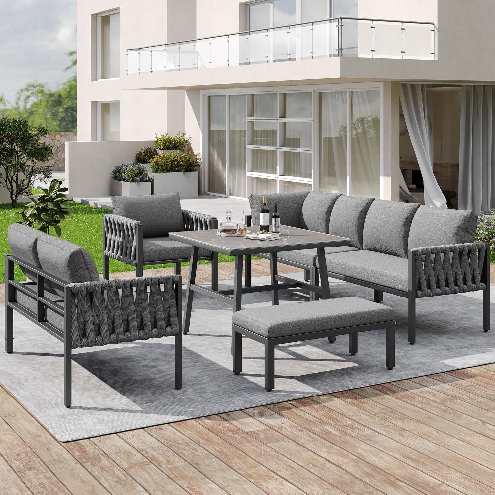 Conjunto de muebles de jardín moderno con estructura de hierro galvanizado, patas ajustables, sofá esquinero, mesa con vidrio templado - 2