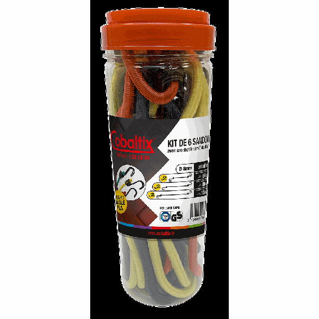 Cobaltix - Kit de 6 sandows avec crochet inversé double fils D. 8 mm