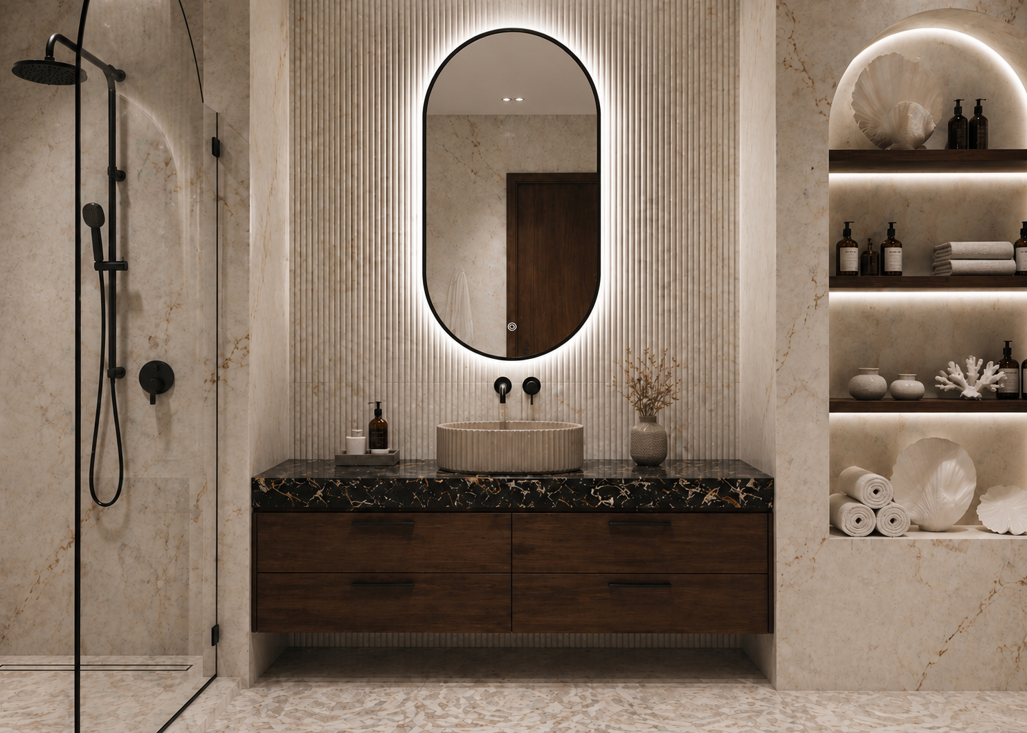 OVAL LINE LED lustro w czarnej ramie 100 x 50cm z oświetleniem LED