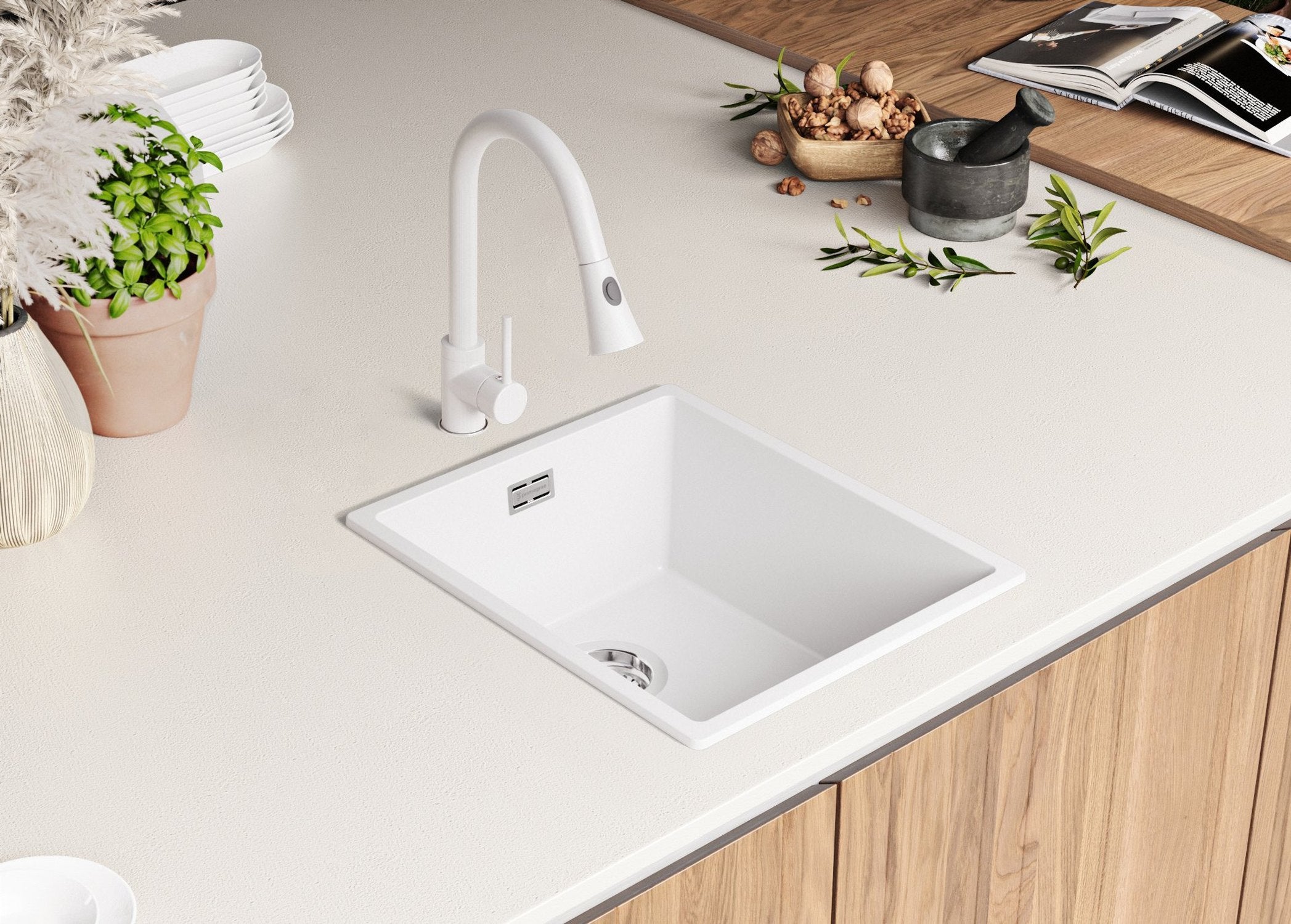 Lavandino da Cucina Bianco 41x47cm, Lavello in Granito a 1 vasca + Sifone Classico + Accessori, Lavabo da Cucina Incasso al mobile 45cm PRIMAGRAN - 4