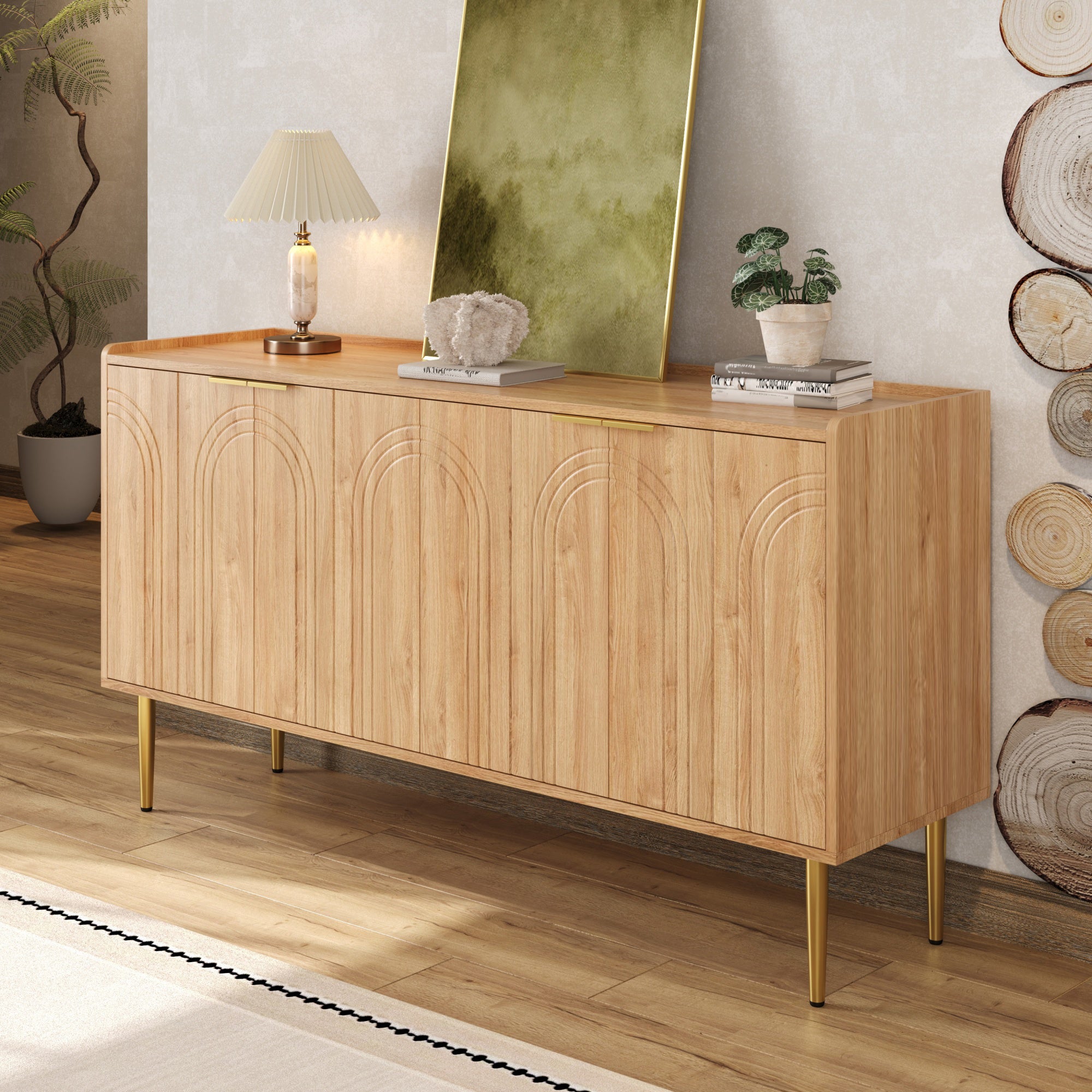 Nowoczesny buffet 140x38x75 cm - 4 fronty - wygląd drewna - Nogi metalowe - MDF - Kolor naturalny - 3