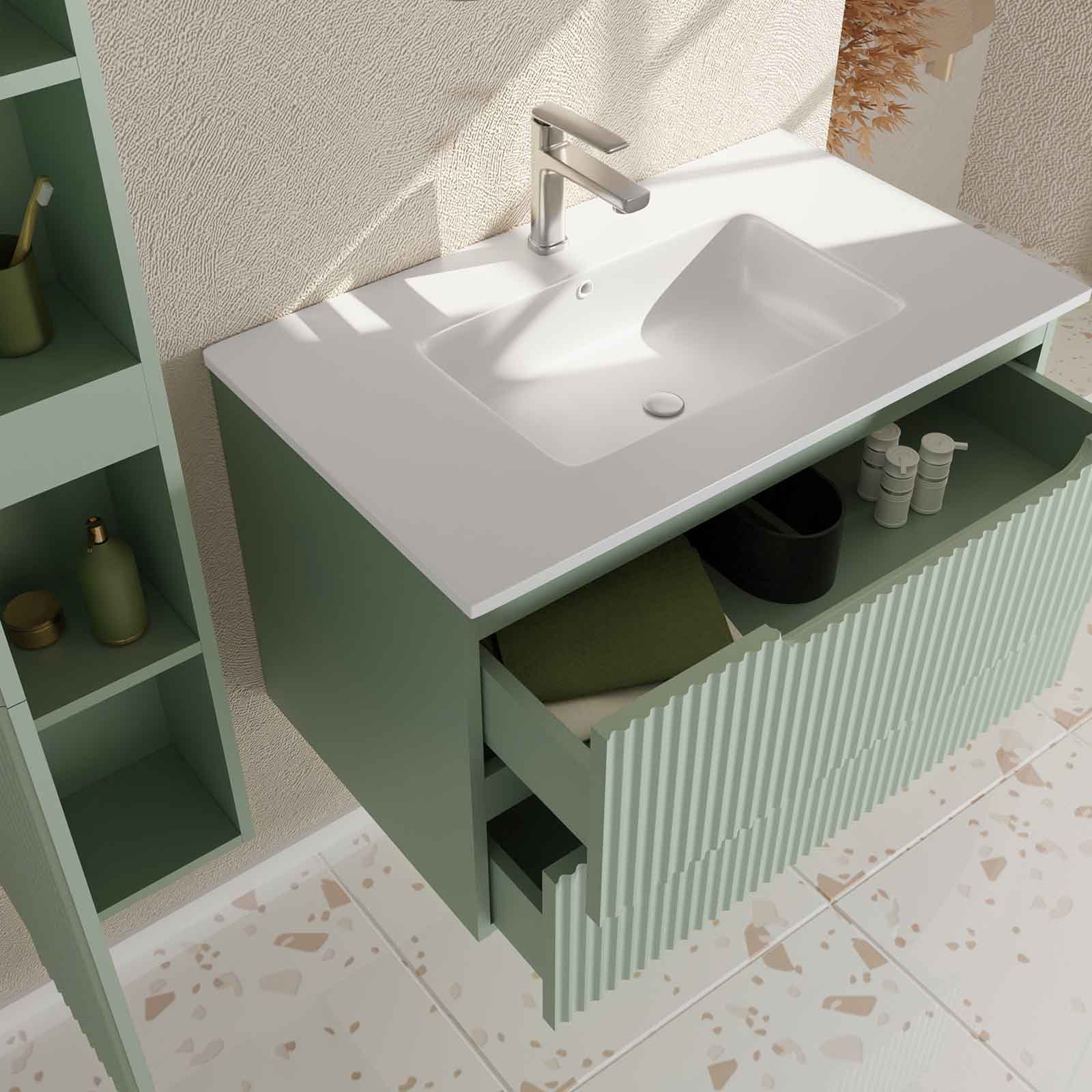 Meuble et colonne de Salle de Bains LEON 80cm Vert Olive - Façades Ondulées - Vasque Blanche Mate - 2