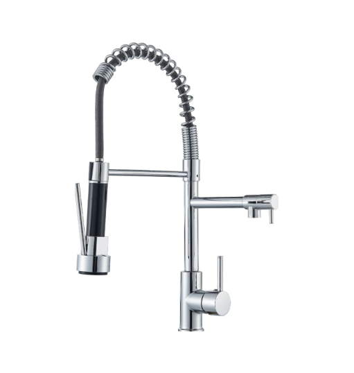 Robinet de cuisine à 2 becs, mitigeur monocommande, douchette double fonction, pivotant à 360°, avec flexible d'arrivée G 3/8