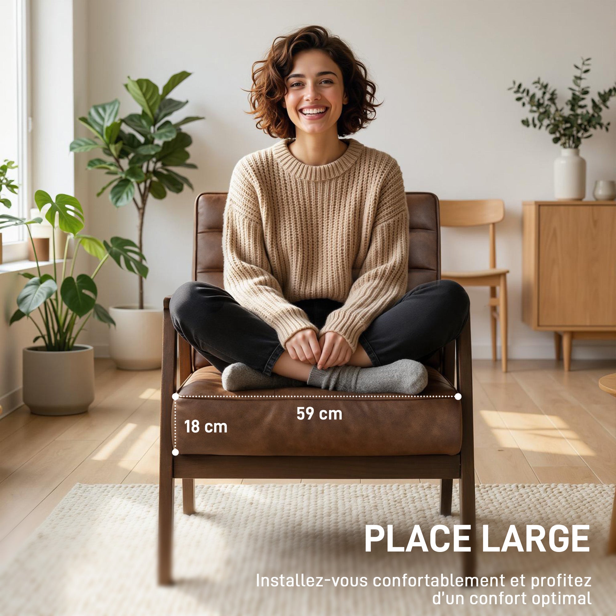 Fauteuil salon, fauteuil d'appoint rembourré en PU avec large assise, coussin épais et structure en bois massif, marron - COMFORTXL - 6