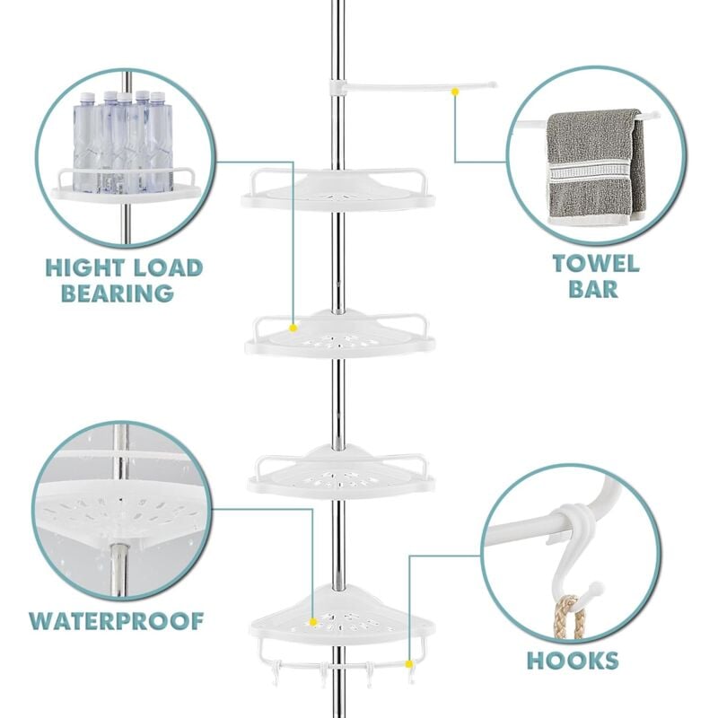 100-320cm Étagère d’Angle de Douche Téléscopique Sans Percage avec 4 Paniers et 2 Porte-Serviettes pour Baignoire et Salle de Bain Blanc - 2