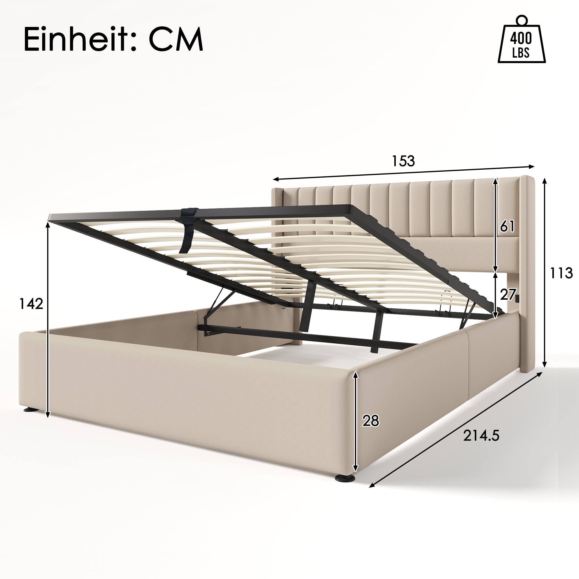 Lit Capitonné Double 140*200 cm - Coffre Sommier En Bois - Lit Sommier En Métal - Lin - Beige - Matelas Inclus - 4
