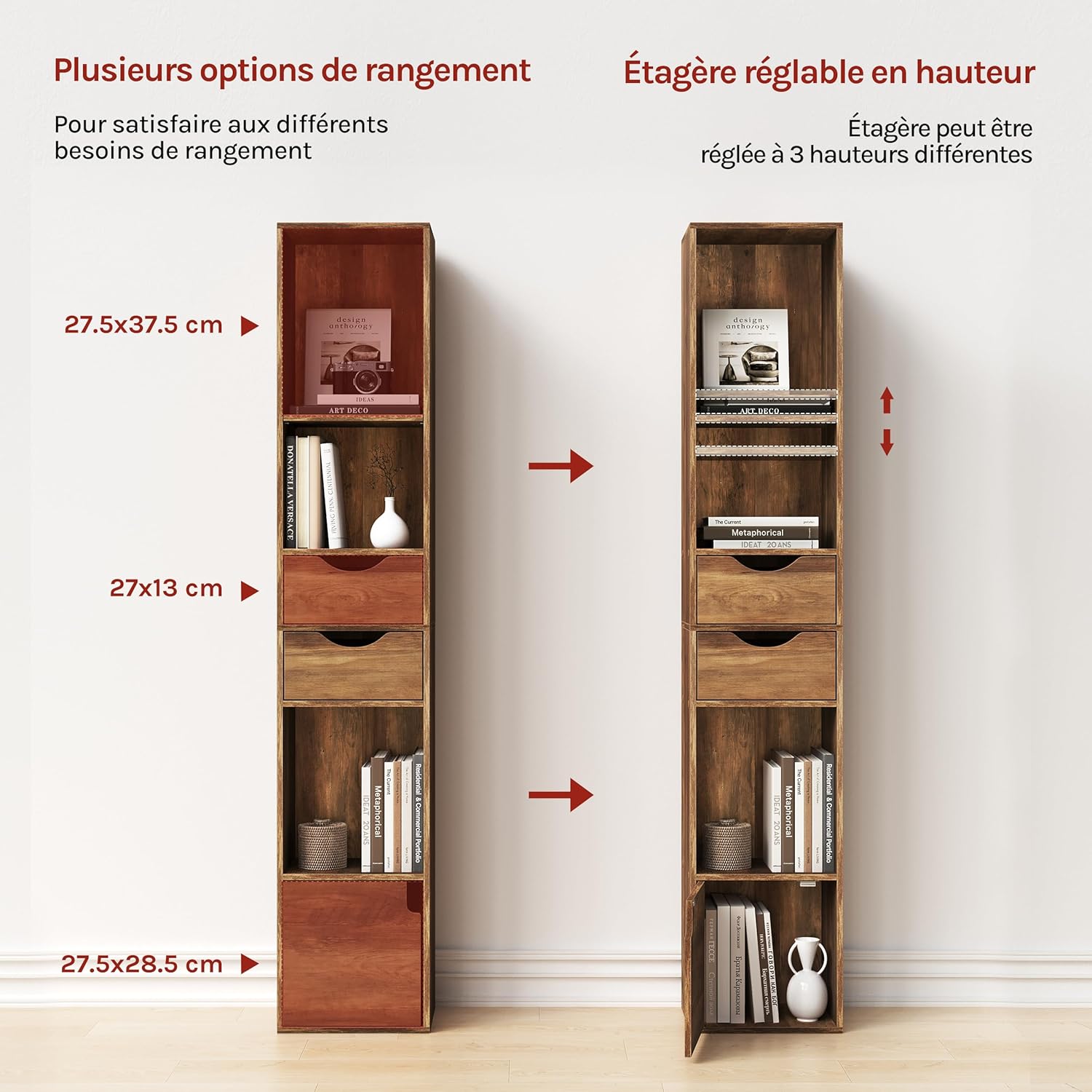 Bibliothèque Étagère Colonne WOLTU, Meuble de Rangement Polyvalent avec 2 Tiroirs, 1 Casier, 5 Compartiments Ouverts, 30x24x158cm, Chêne Brun - 3