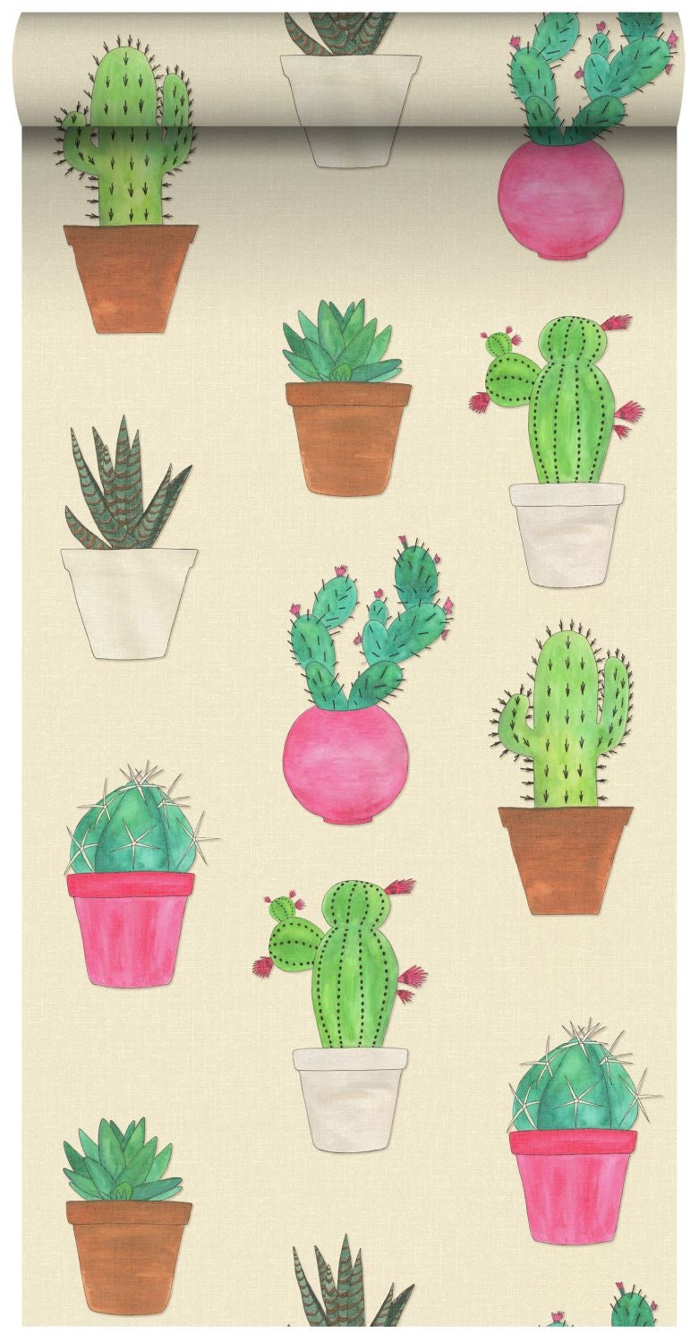 Papel pintado xxl fiesta de cactus verde, rosa y beige - 50 x 900 cm - estahome