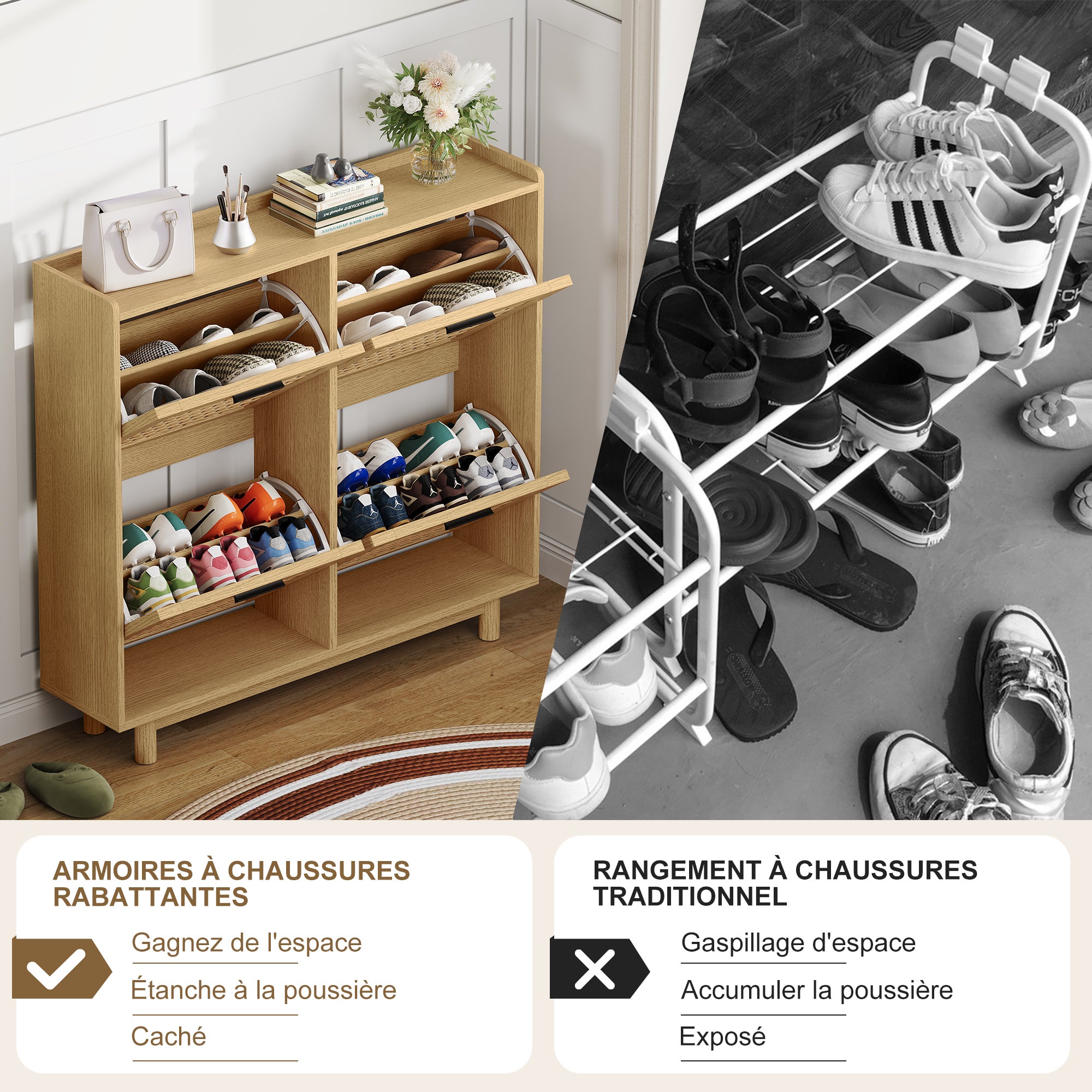 Meuble à Chaussures, Armoire à Chaussures Entree avec 4 Porte en Rotin, Meuble de Rangement à Chaussures Armoire pour Entrée, Couloir et Chambre, Bois - 6