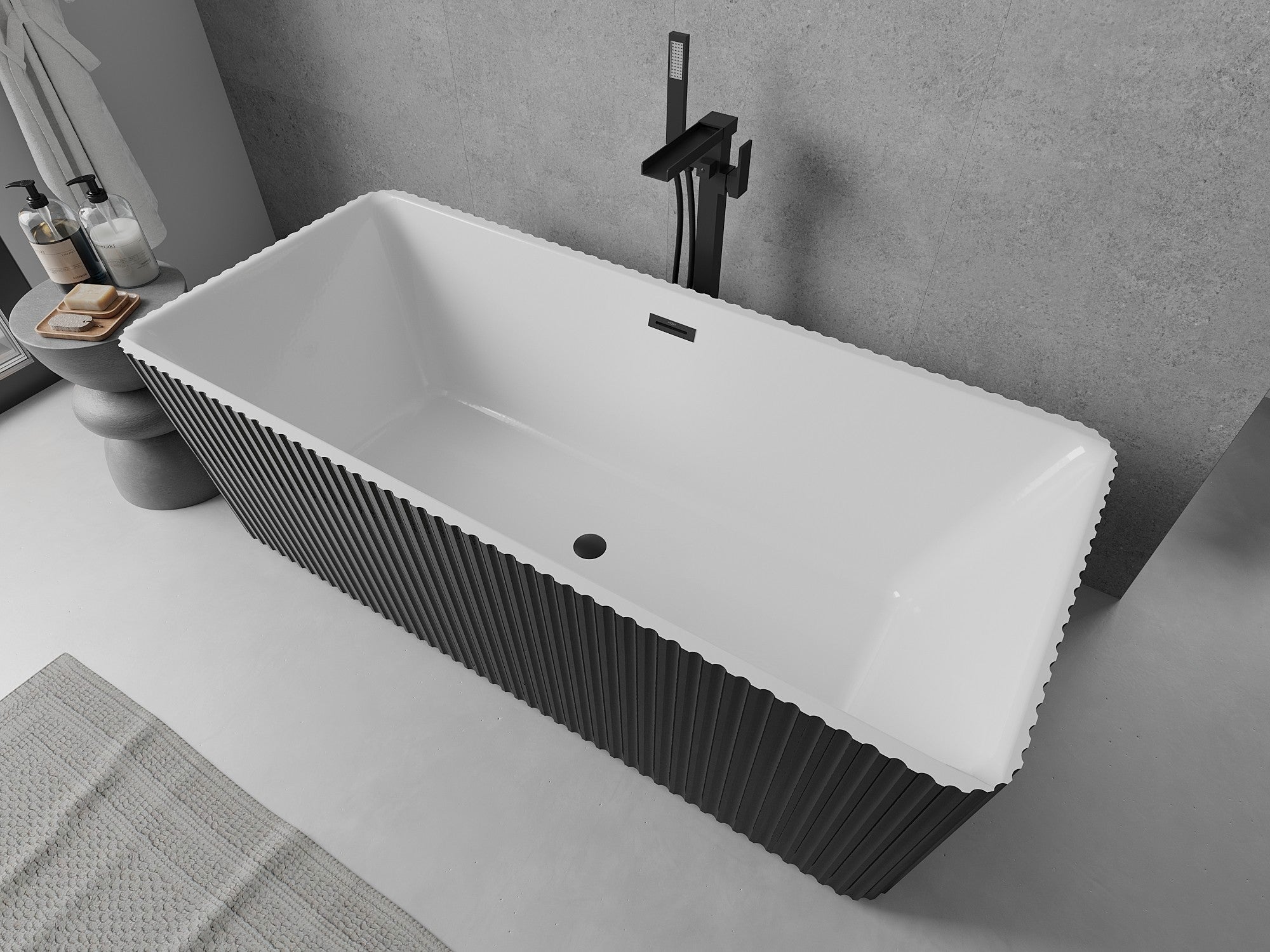 Mexen Nila bañera independiente acanalada 170 x 75 cm, blanca/negra, rebosadero negro - 52841708075-70 - 4