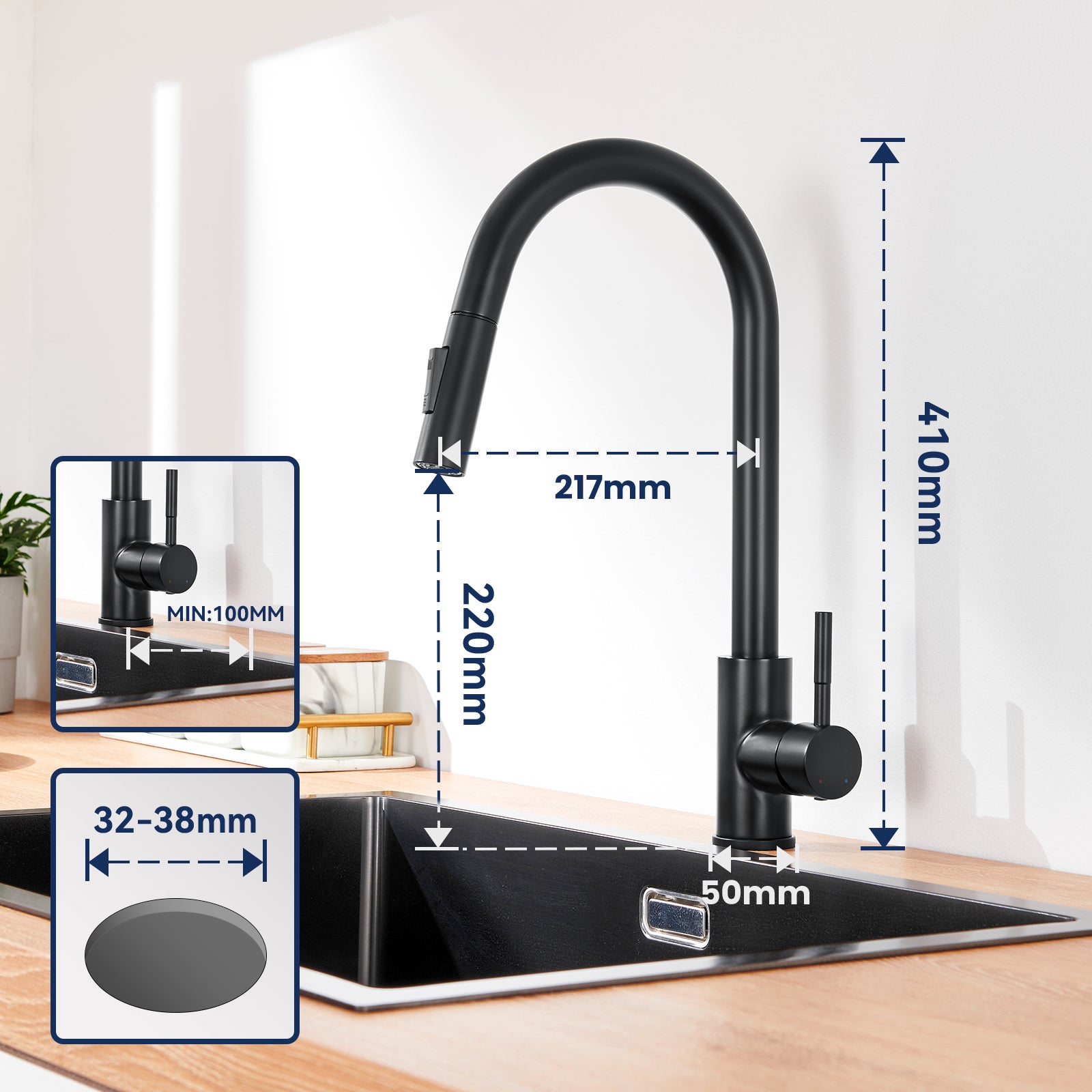 Miscelatore cucina NOir con doccetta estraibile rotante 360 ° inossidabile rubinetto cucina lavello 2 funzioni miscelatore di cucina - 4