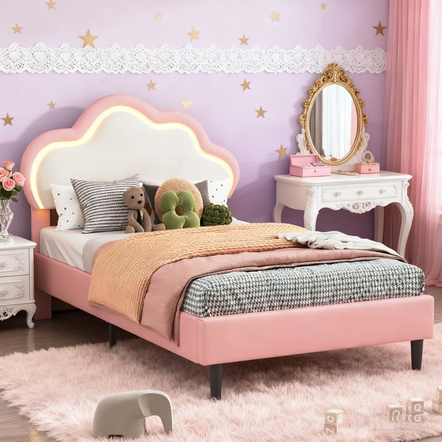 Lit 90x200 cm, COZY, lit enfant avec sommier à lattes, cadre de lit princesse avec LED, forme nuage, tissu en PU, 90x200 cm, rose
