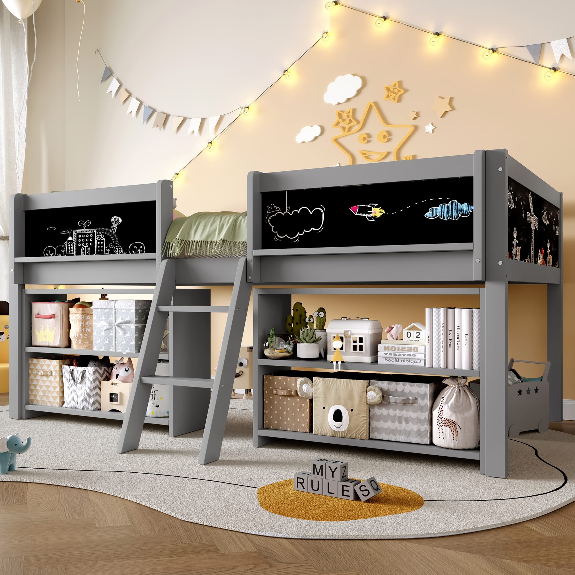 Pin Option Html Lit mezzanine 90x200 cm, rangements, barreaux de sécurité, pin et MDF ...