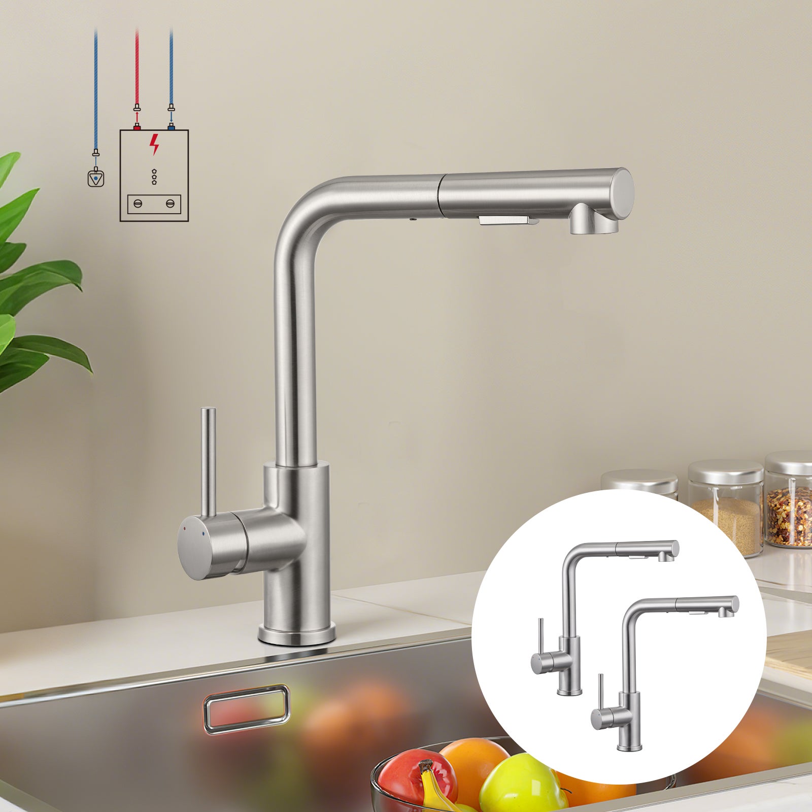 LOVHAUS Bateria Kuchenna Niskociśnieniowa, 2 Sztuki Baterii Kuchennych Wyciąganych z Natryskiem, Bateria Kuchenna Obrotowa 360°