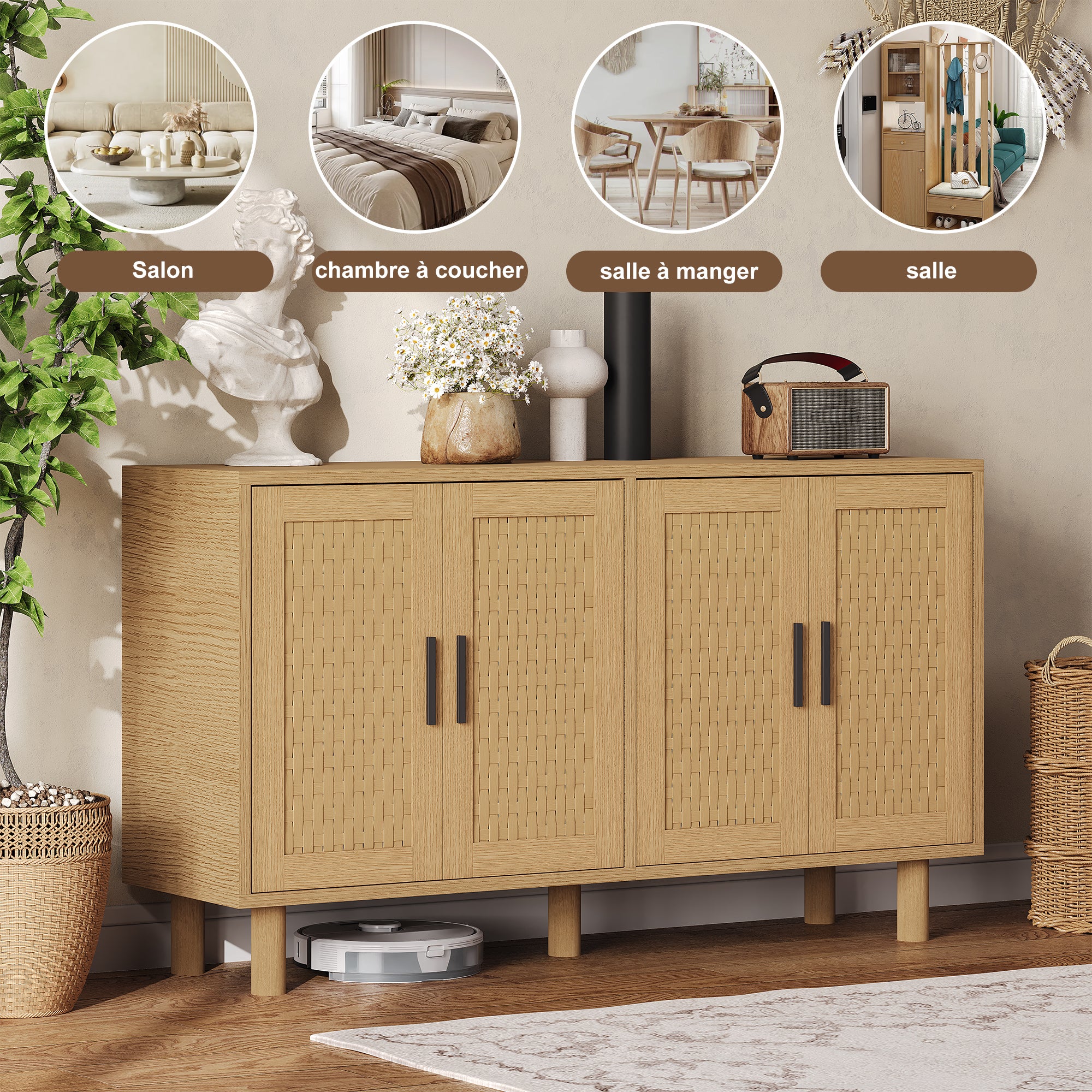 Buffet, meuble de rangement en bois chêne, avec 4 portes , meuble de rangement pour le salon, portes à motif tressé - 5