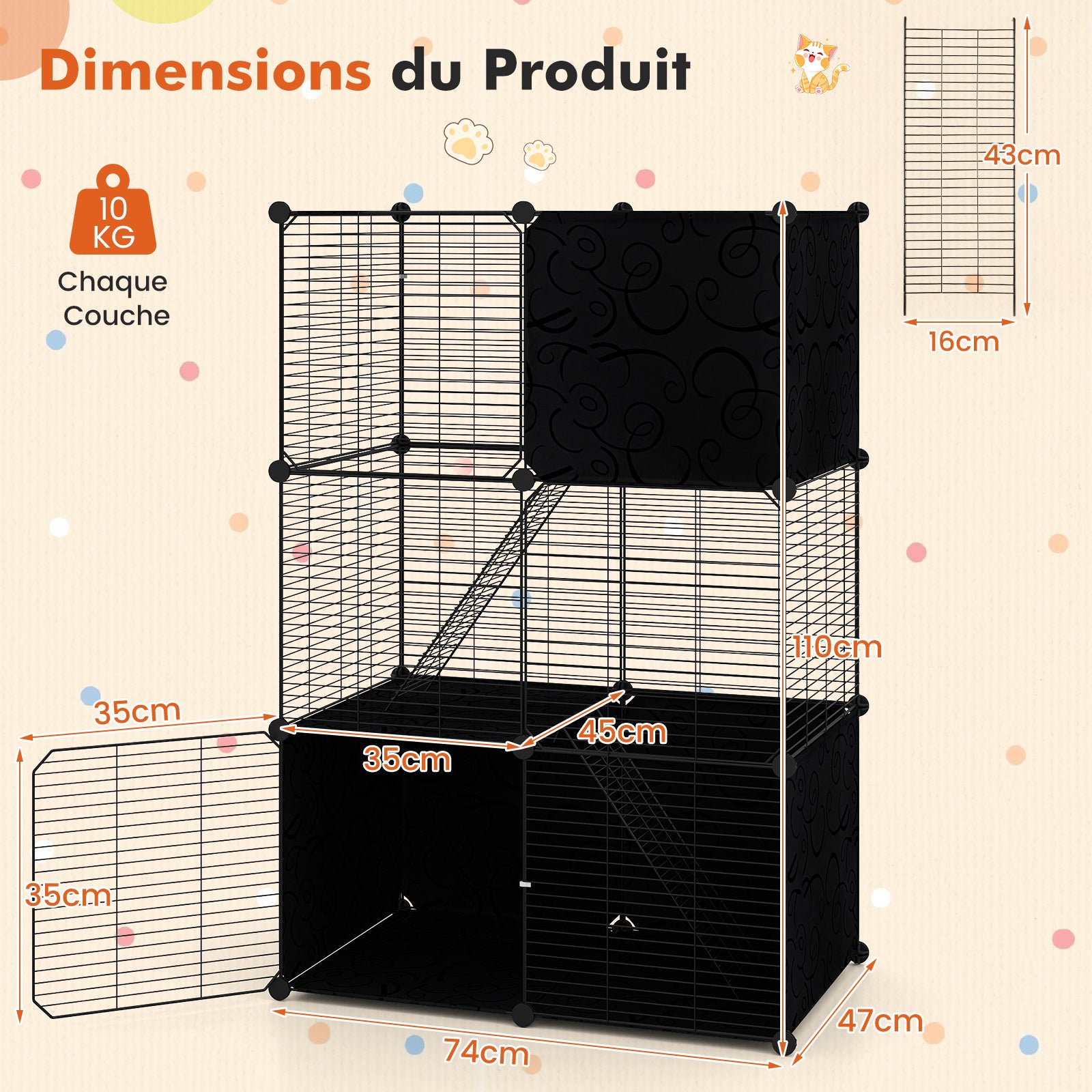Grand Cage Chat à 3 Niveaux, Enclos pour Chats en Fil Métallique, 3 Portes et 2 Rampes, Cage Modulable DIY, Serrure de Porte, pour Petite Animaux - 3