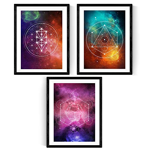 Set de tres láminas mandalas espaciales. tamaño a3. set 1 marco negro