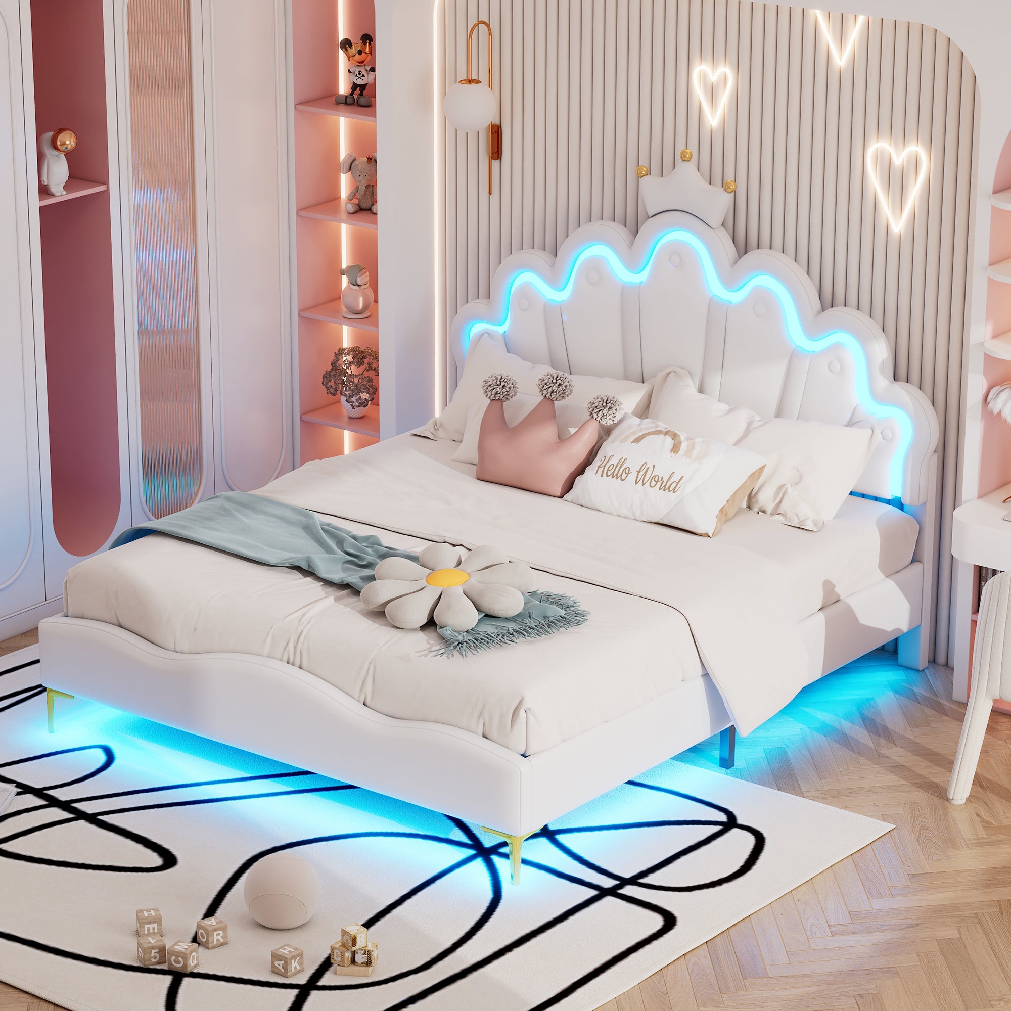 Łóżko dziecięce 140x200cm z LED - łóżko księżniczka z poduszką ze skóry - Biały