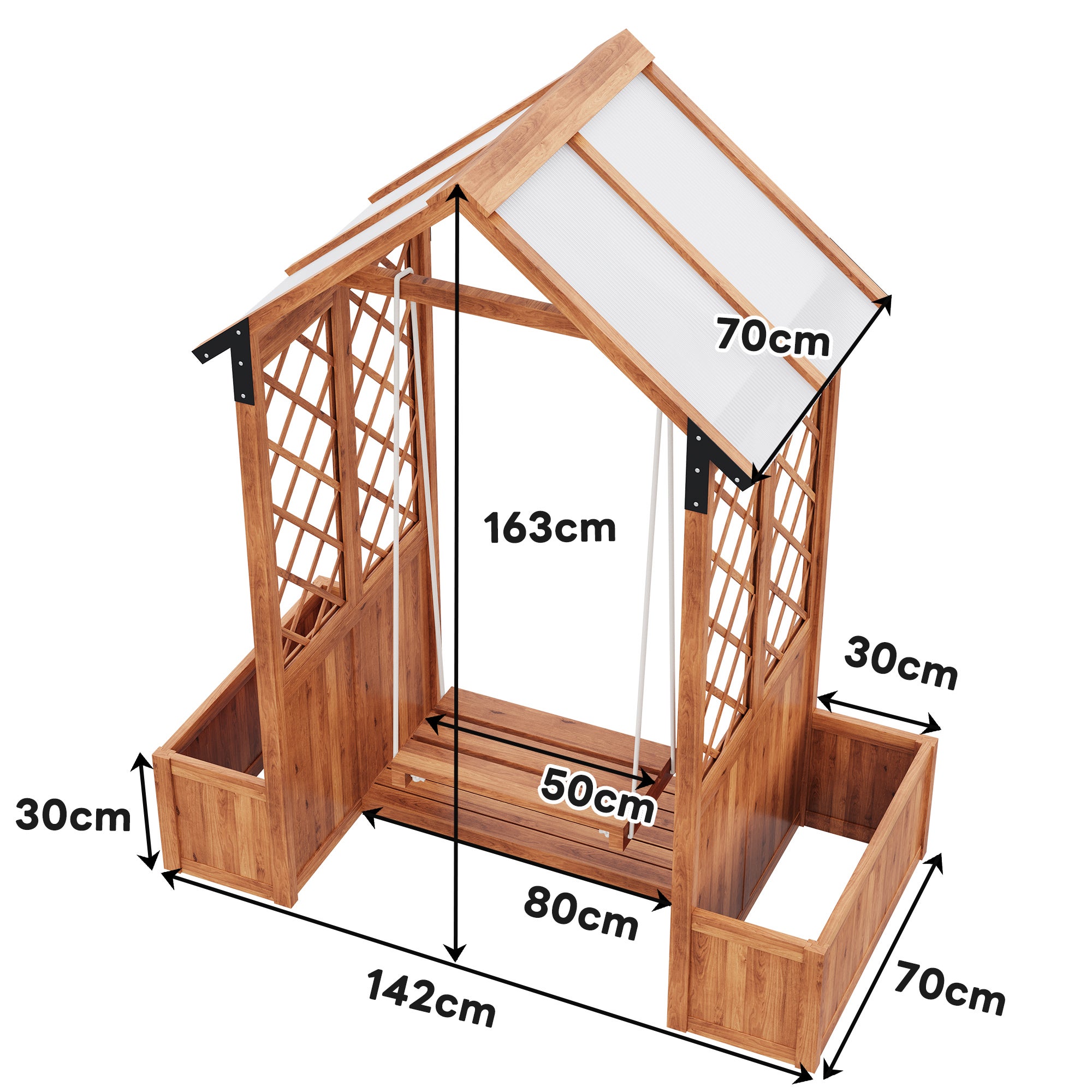 Balancelle de jardin en bois massif avec toit + lot de 2 Jardinière pour Plante Grimpante Vigne - 142 x 70 x 163 cm - Marron - 6
