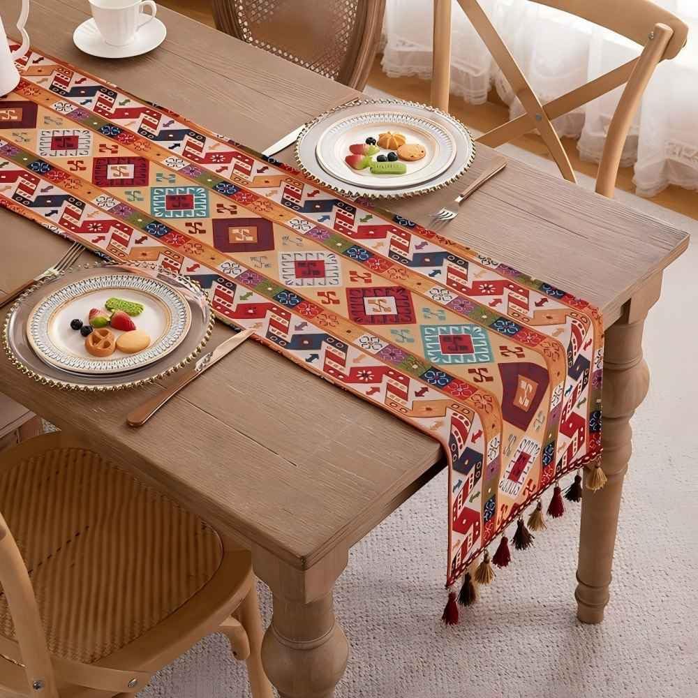 Bieżnik stołowy w stylu boho vintage z geometrycznym wzorem żakardowym – mieszanka bawełny z frędzlami – 33 x 180 cm