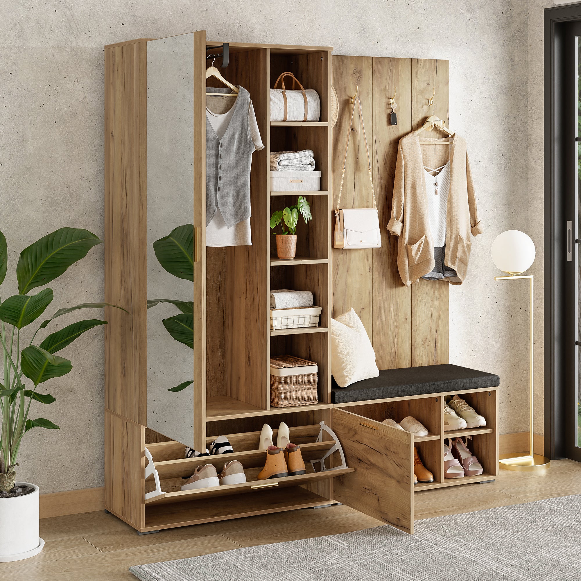 Set scarpiera con panca, specchio, 4 ganci, attaccapanni e 3 ante - 160 x 38 x 180 cm - Truciolare - Naturale - 5