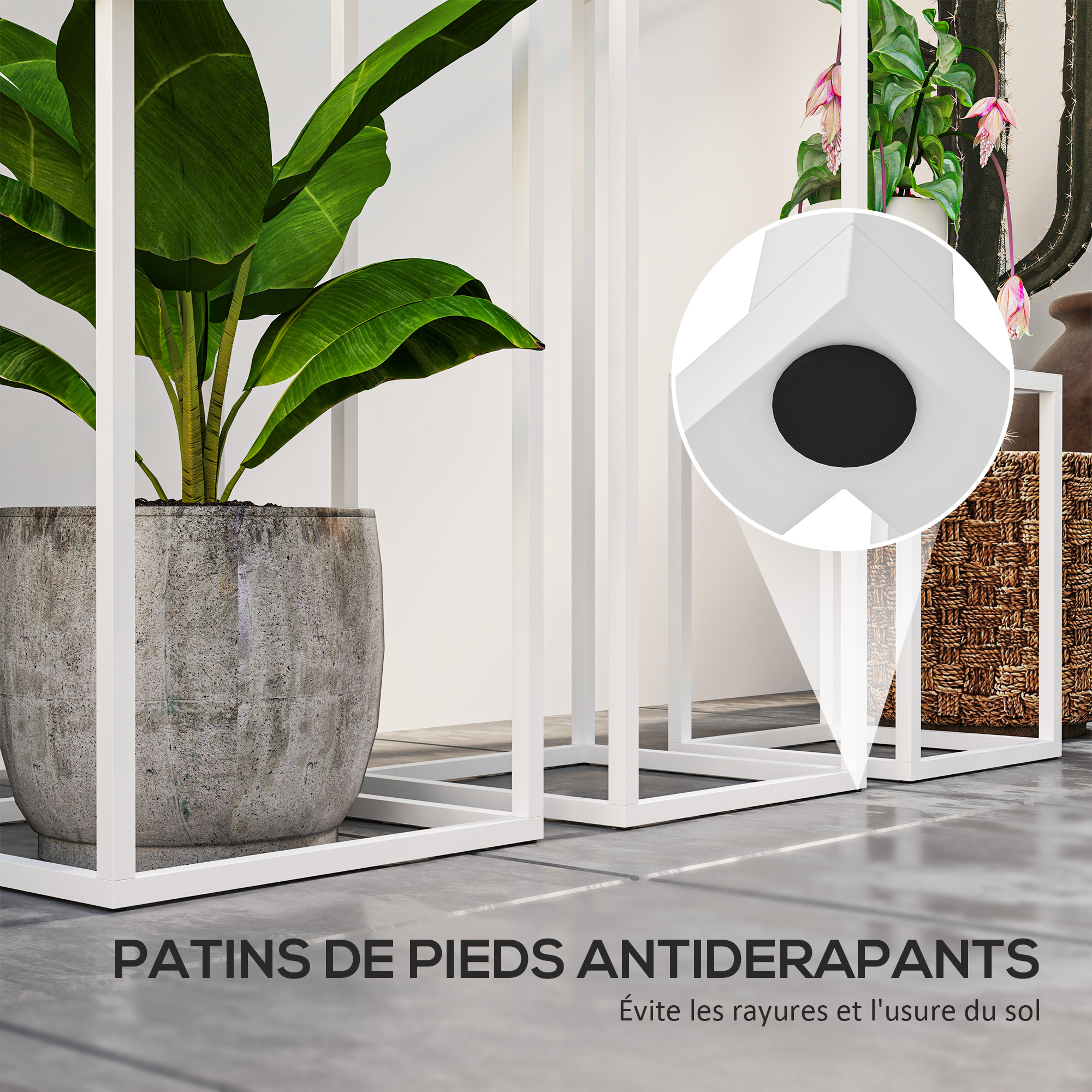 Ensemble de 3 supports à plantes carrés en métal, empilables, intérieur extérieur, jardin, balcon, maison, blancs - 3