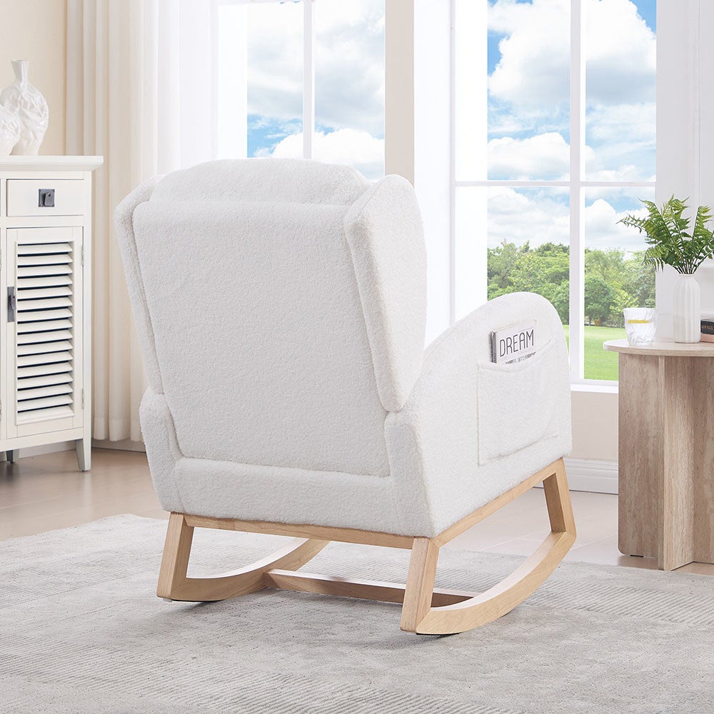 Fauteuil à bascule allaitement, bois, repose-pieds réglable, poche, Teddy blanc - 9