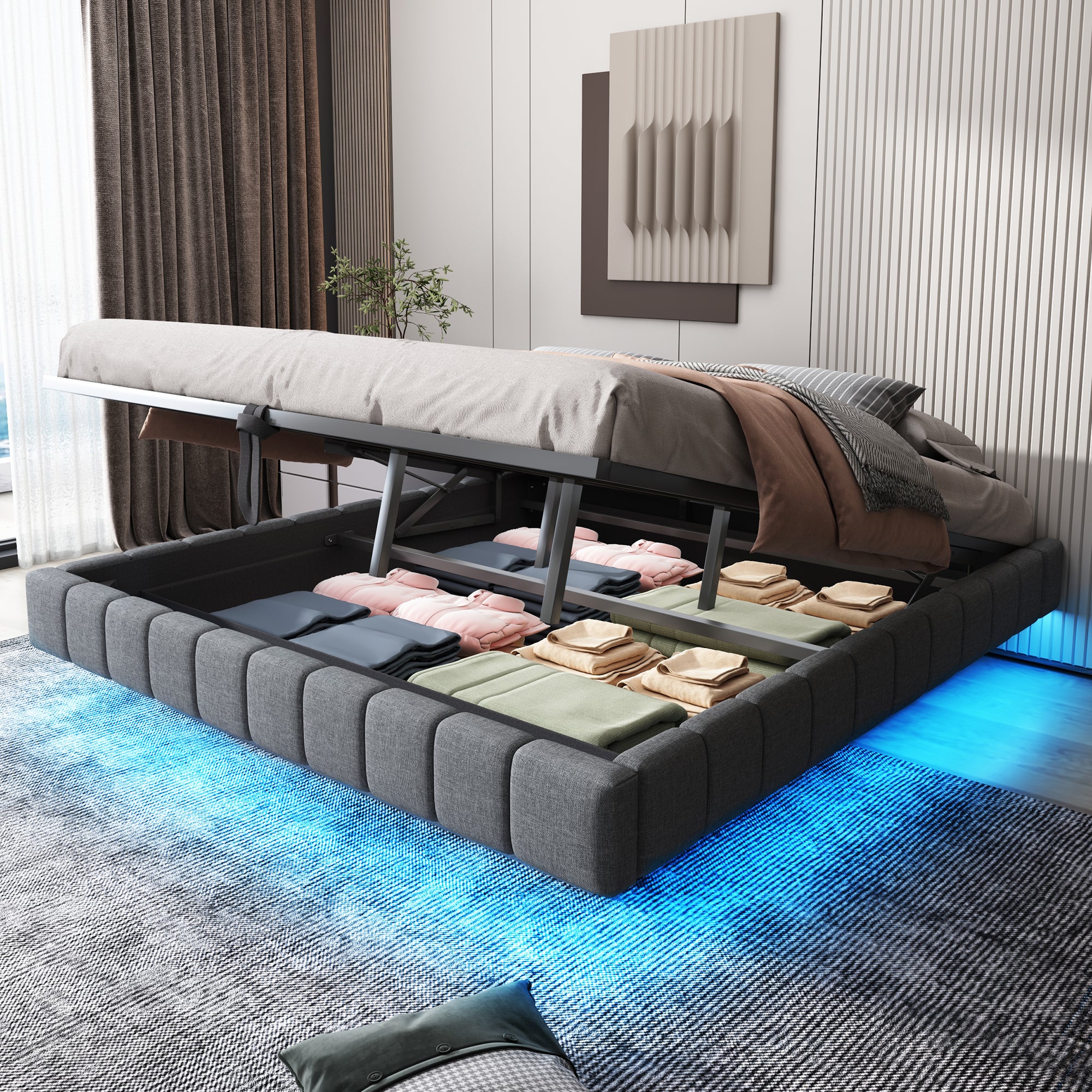 Lit coffre hydraulique 180x200 cm multifonction sans tête de lit LED ...