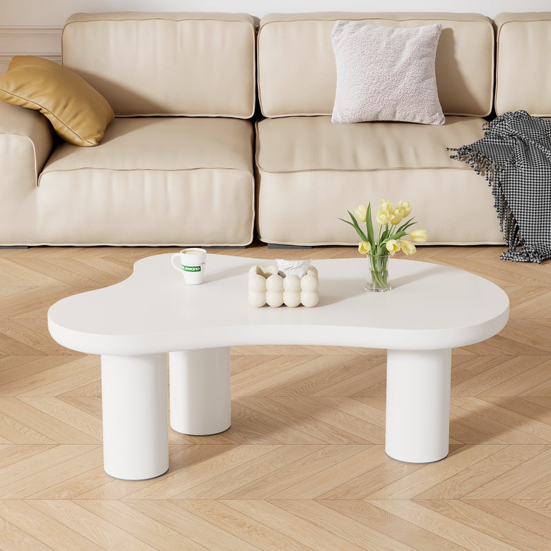 Nieregularny stolik kawowy w kształcie chmury – 107 x 66 x 40,5 cm – blat z płyty MDF i nogi z tworzywa PVC – biały