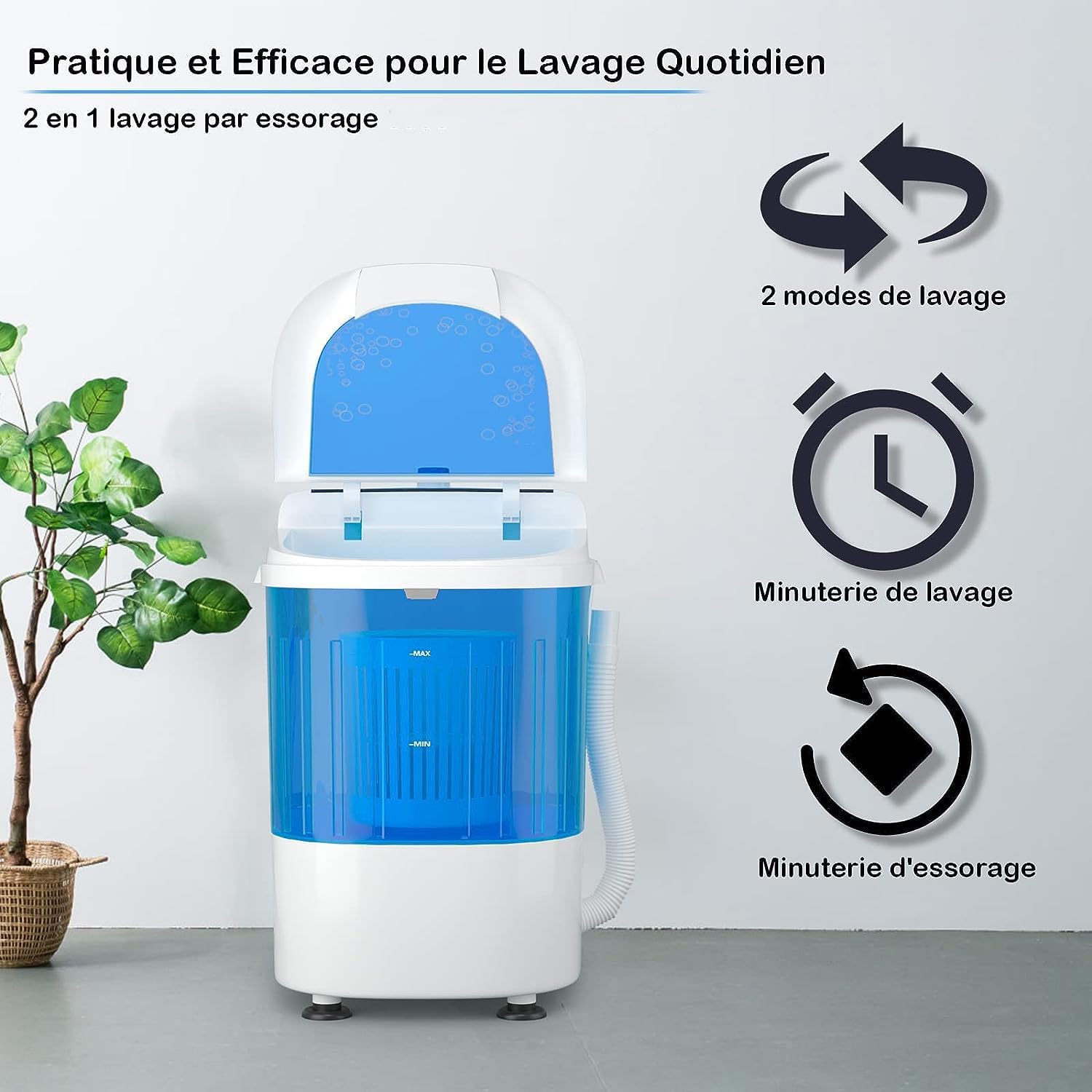 Mini lavadora de 2 kg con lavado rápido en 10 minutos - Lavadora semiautomática compacta y portátil - 36 x 34 x 51 cm, color azul - 3