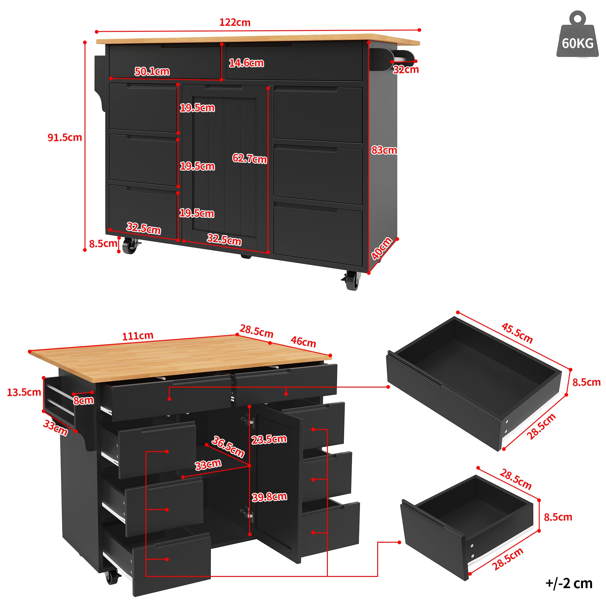 Ilot central de cuisine mobile - Plateau extensible - 8 tiroirs et 1 porte - Avec étagère à épices - MDF - Noir - 4