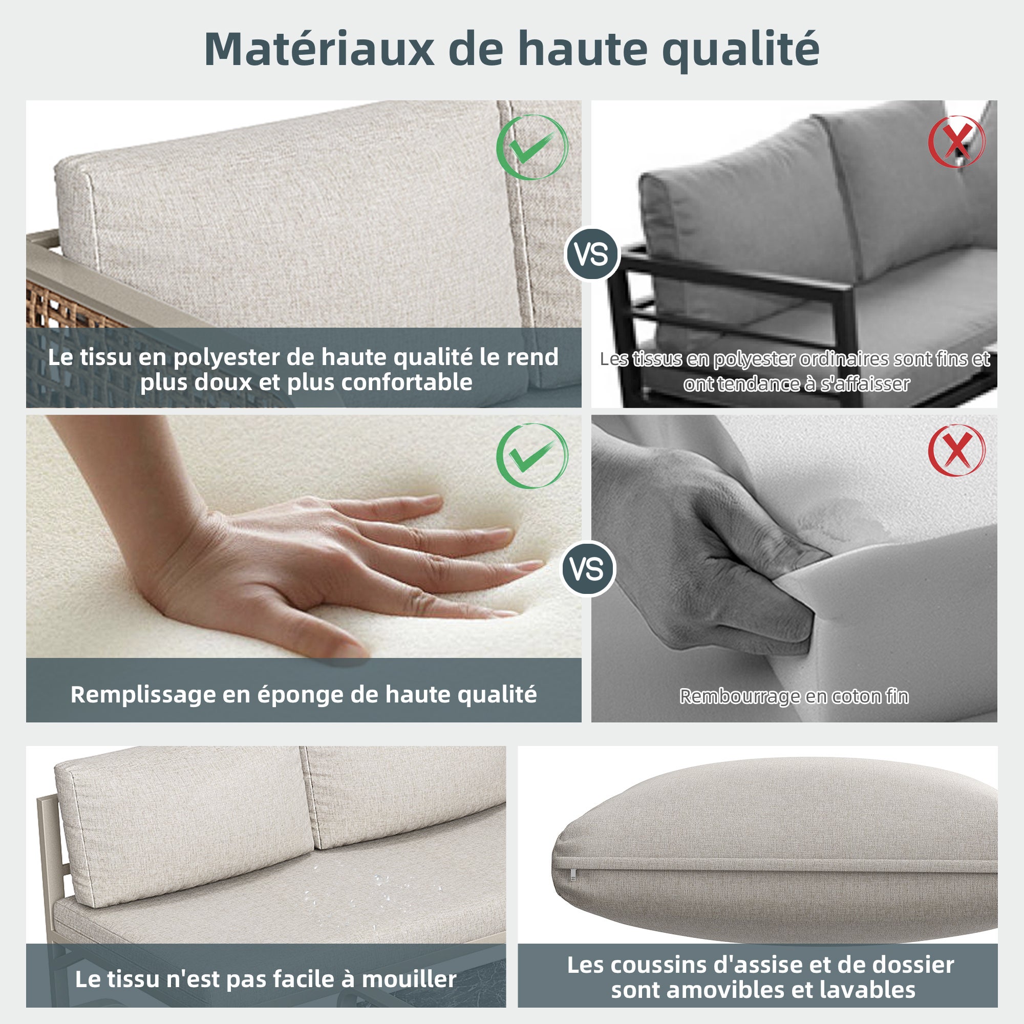 Salon de jardin d'extérieur en rotin PE pour 6-7 personnes, Canapé d'angle avec Coussins et Table Basse - acier galvanisé - Pieds Réglables, beige - 4