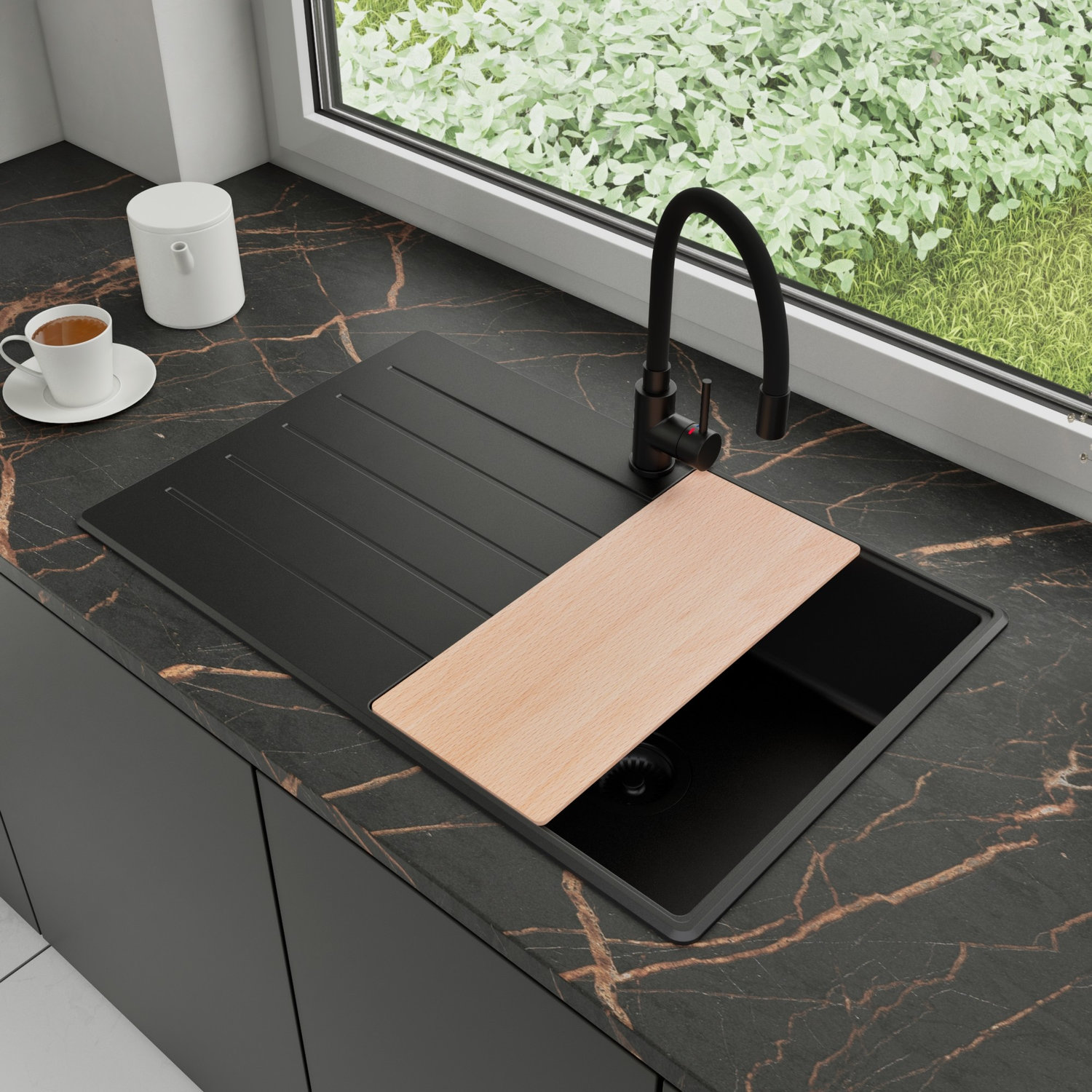 Zlewozmywak Granitowy 78x50cm, do szafki od 45cm + Bateria + Syfon + Deska - Ametyst Cały Czarny STONESTYLE