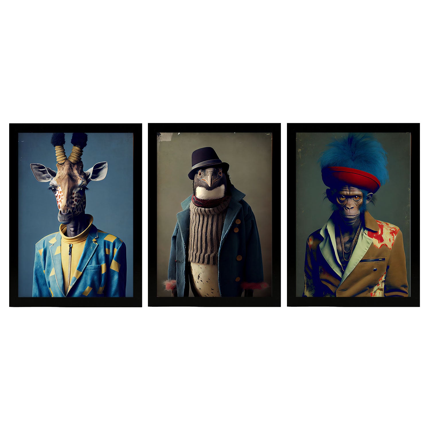 Penguin de mono de jirafa de animales humanos nacnic estampados de arte de pared estético para el diseño de dormitorio o sala de estar marco blanco a4