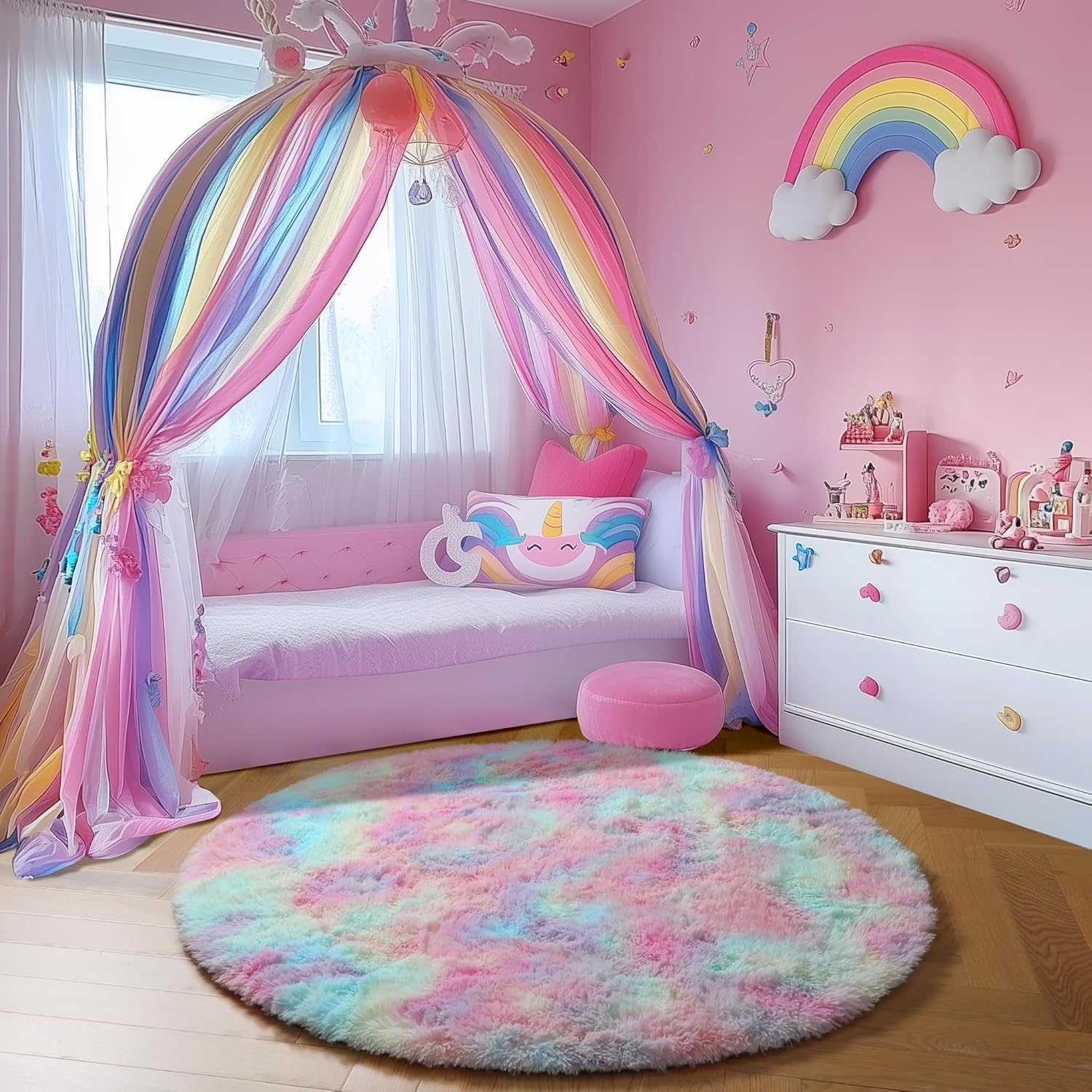 Tapis rond arc-en-ciel moelleux pour chambre de , doux et moelleux pour chambre de bébé ou salle de jeux, 1,2 m - 4