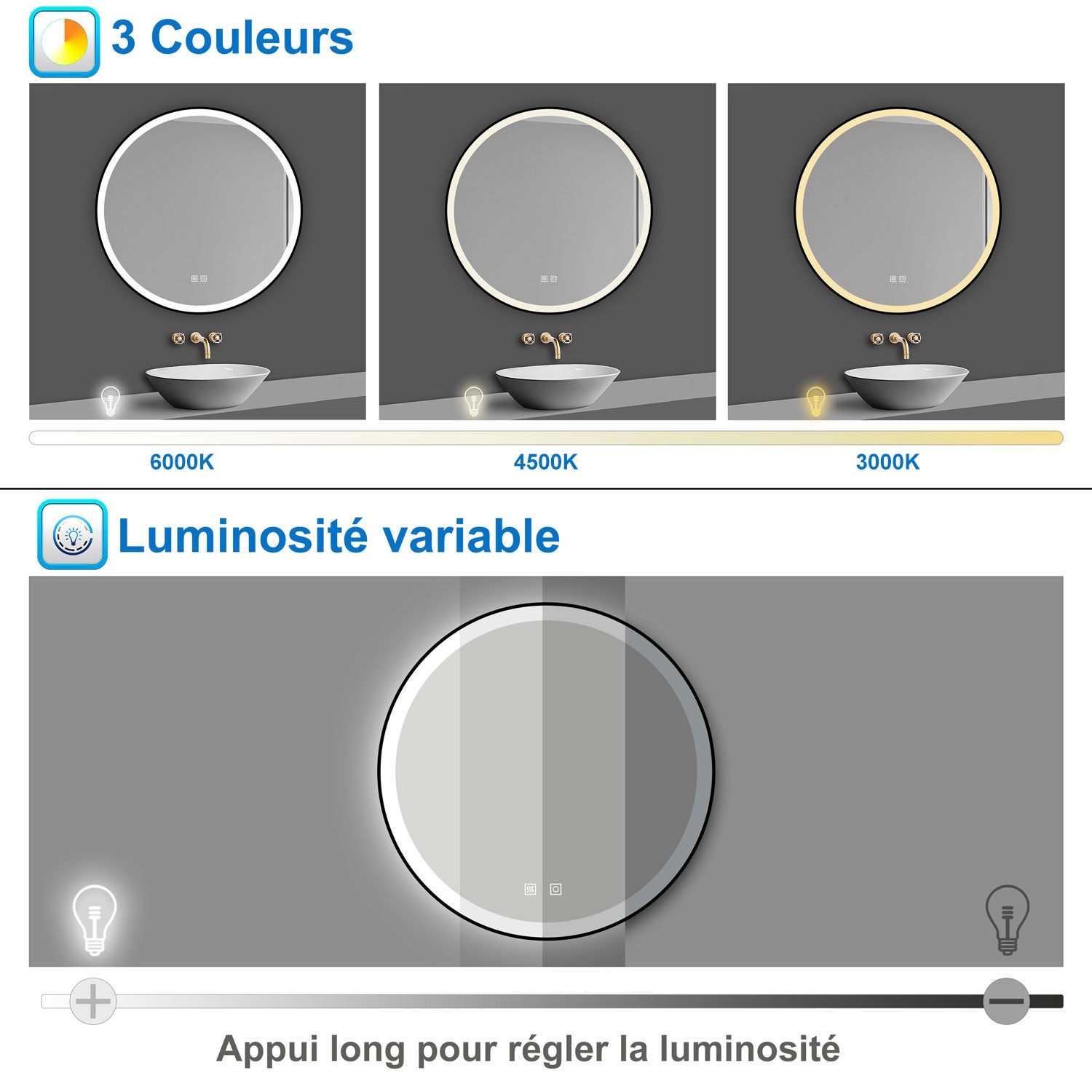 AICA Miroir lumineux rond 60 x 60cm avec 3 couleurs + dimmable + anti-buée + mémoire, miroir salle de bain led - 3