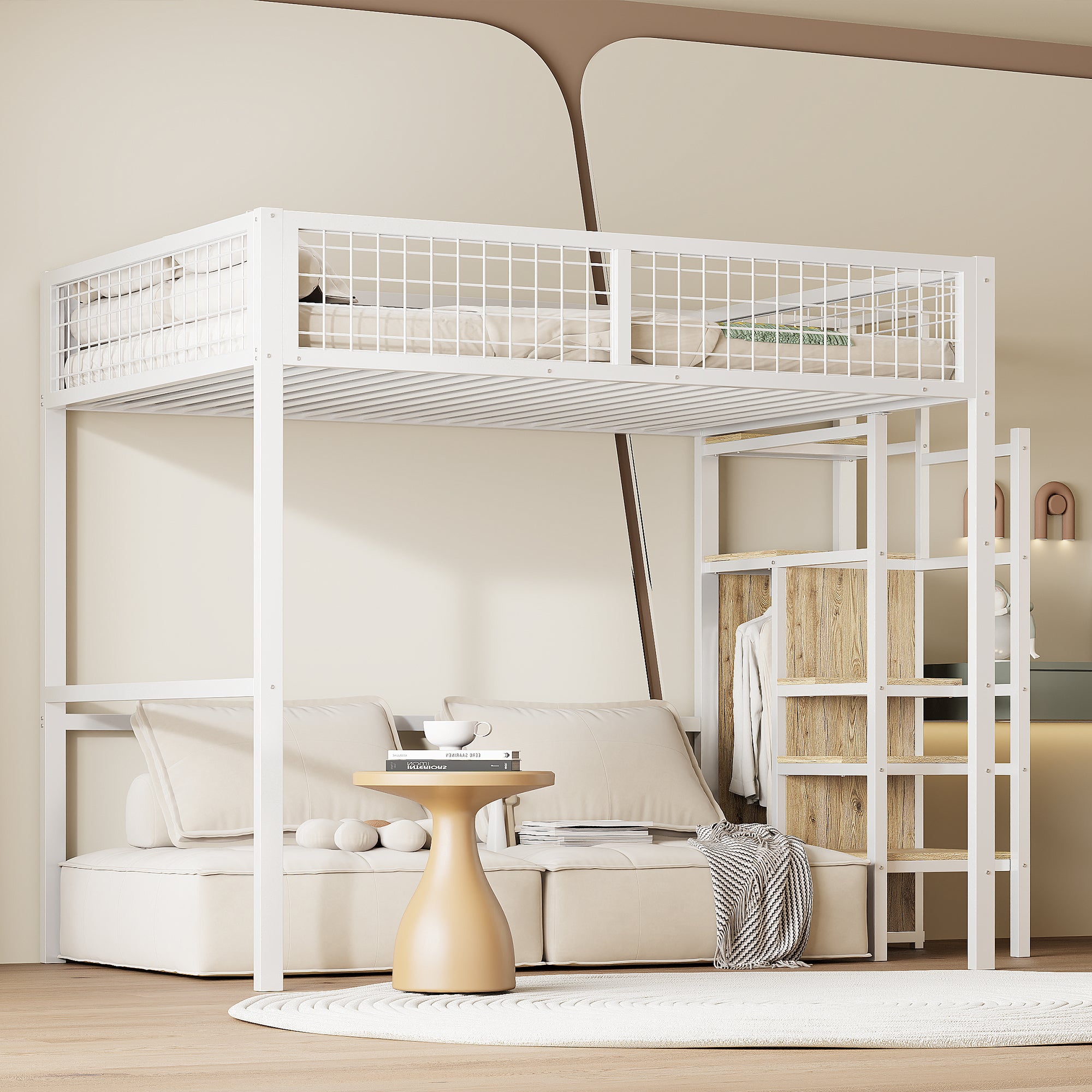Loft bed 90x200cm with storage compartments and desk, grey | Leroy Merlin