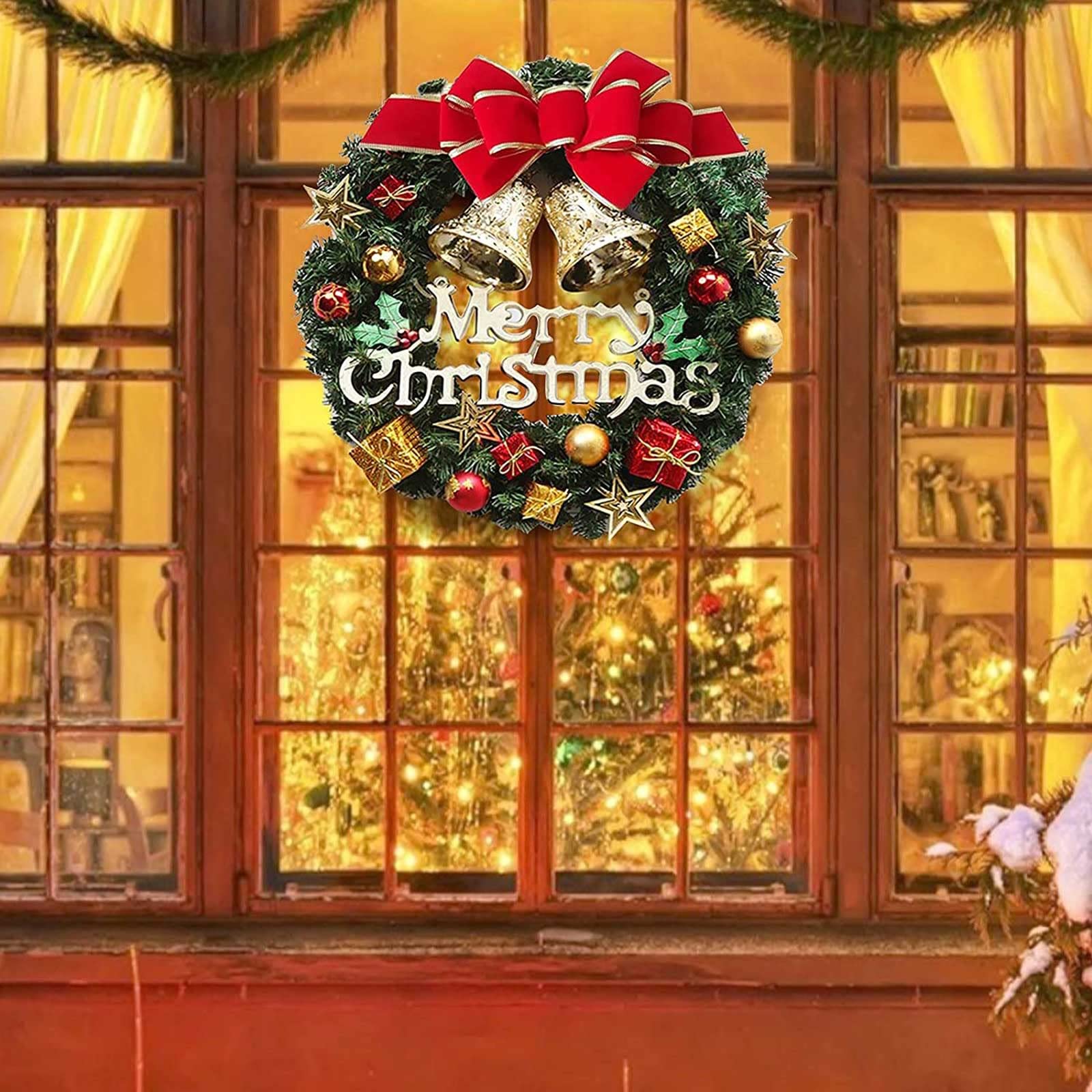 Corona navideña de 30 cm con adornos y lazo, decoración navideña, corona navideña artificial para puerta con campanas, guirnalda de Feliz Navidad - 5