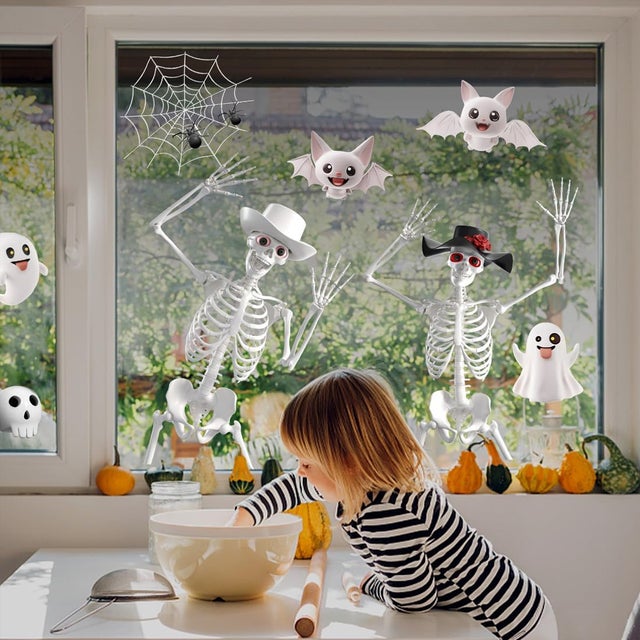 Pack 60 Feuilles Stickers Halloween Géants 3D Squelettes Fantômes Chauves-Souris, Déco Vitres pour Boutique Maison Fête Halloween Intérieure