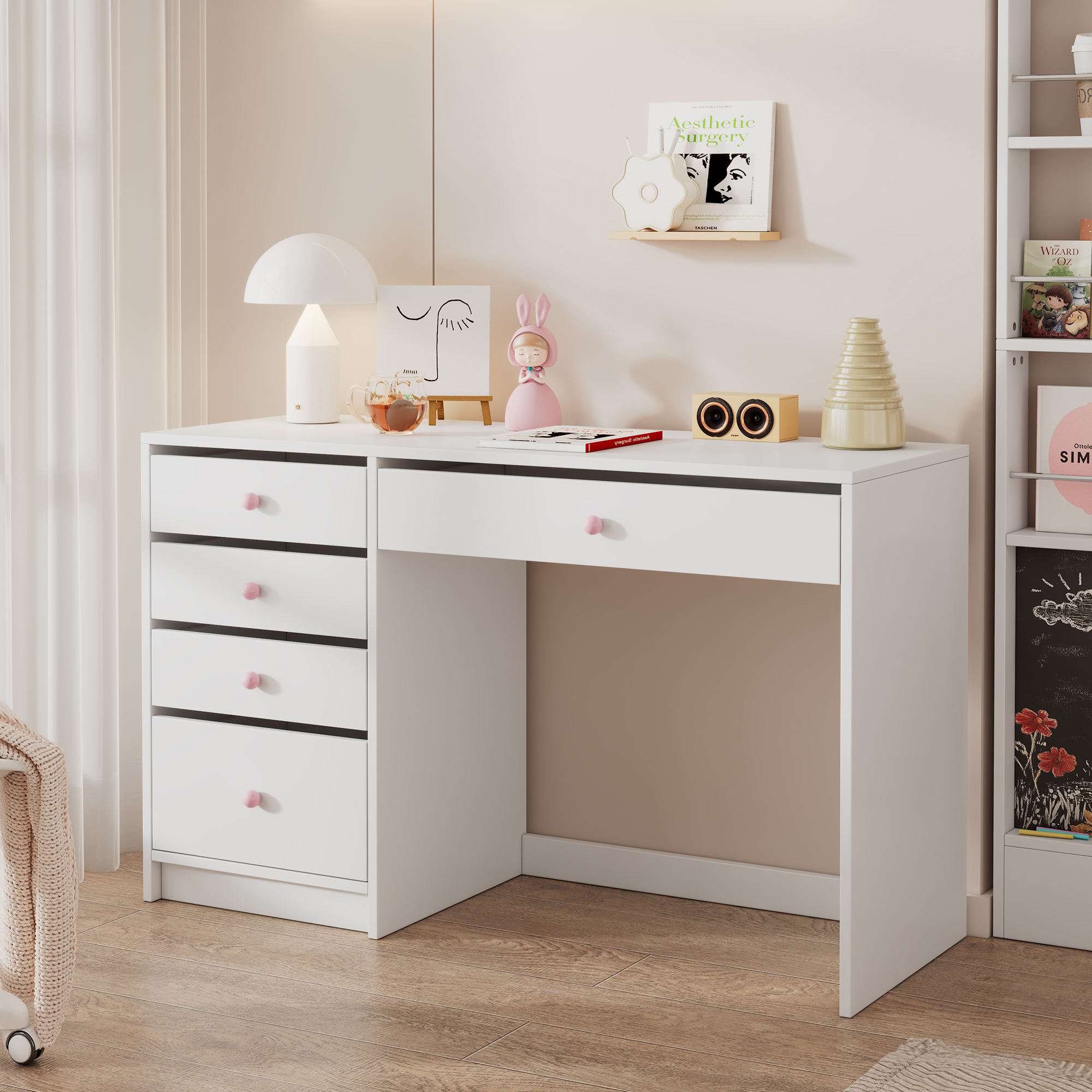 Scrivania Venezia 5 Cassetti - Legno Laccato Bianco, 106x56x80 Cm, Made In Italy