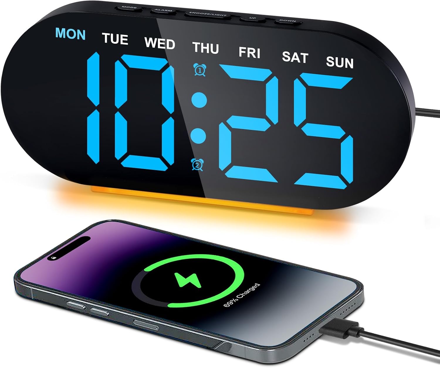 Cyfrowy budzik z lampką nocną, 7 cali, 3 poziomy ściemniania, funkcja drzemki, ładowanie przez USB, data, temperatura, podwójny alarm