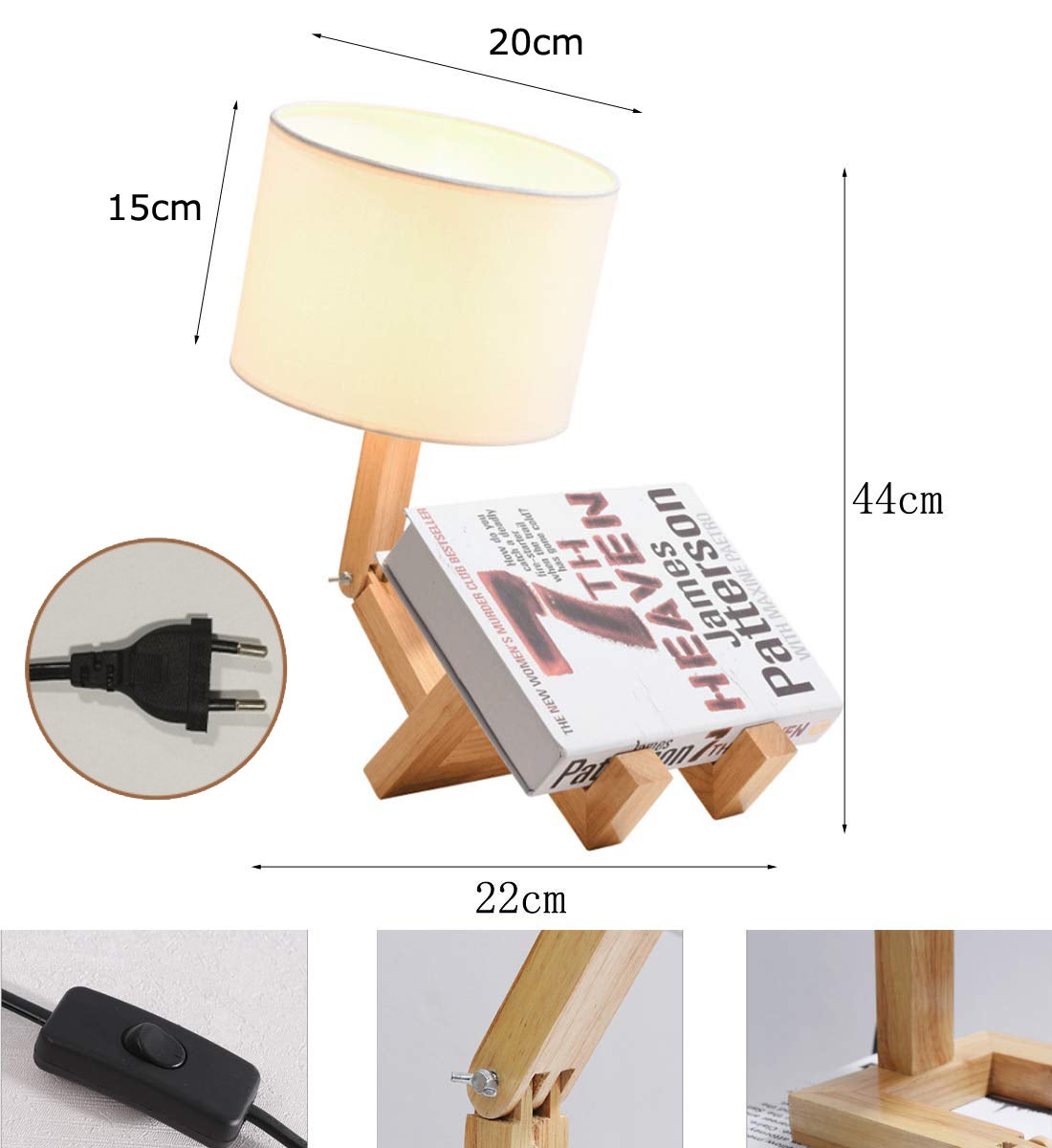 Lampe de table de lecture LED E27, lampe de chevet de robot créative avec interrupteur, abat-jour rond en tissu textile, ampoule non incluse - 2