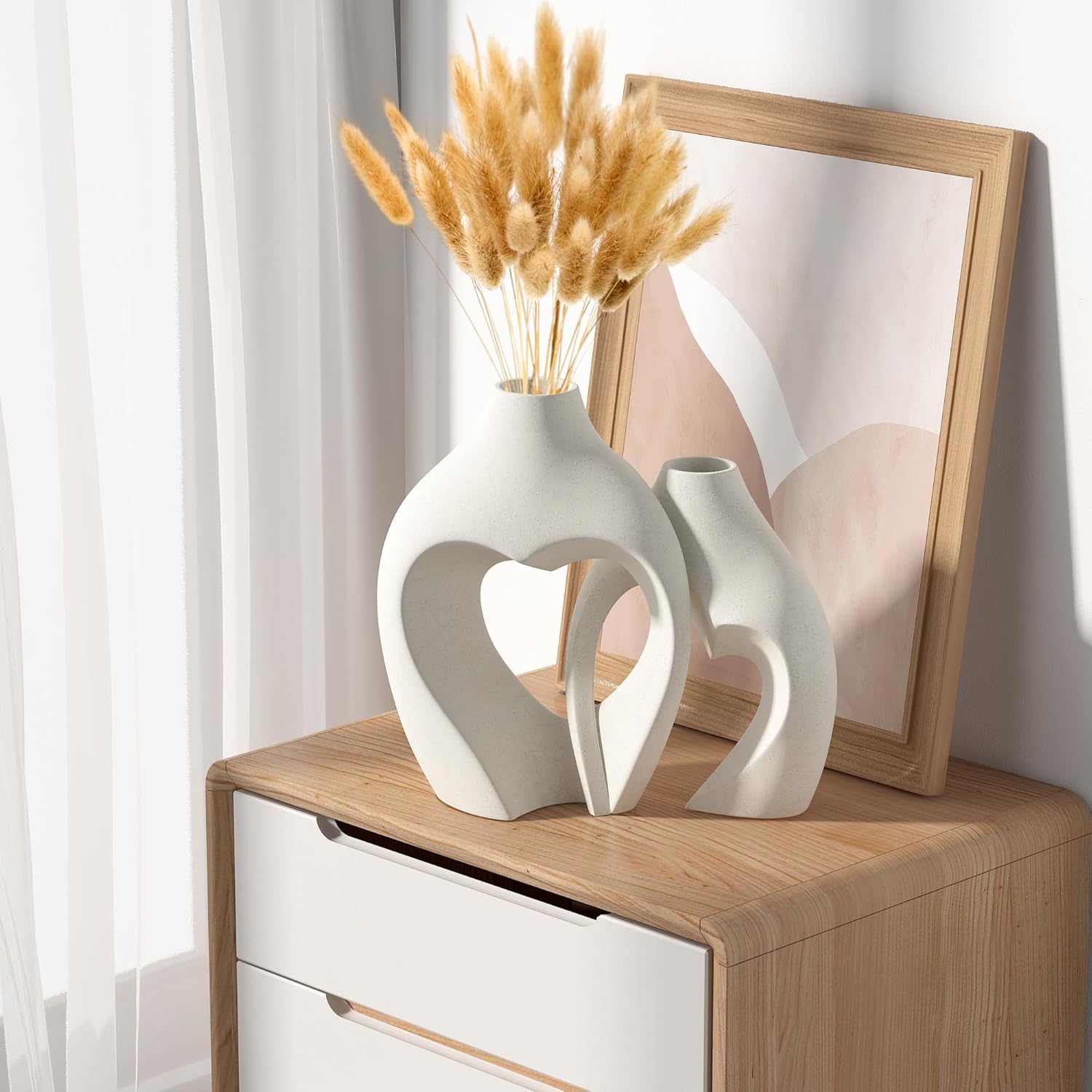 Ensemble de 2 vases décoratifs en forme de coeur en résine blanche, décoration simple, adaptés aux centres de table, mariages, salons, bureaux - 3