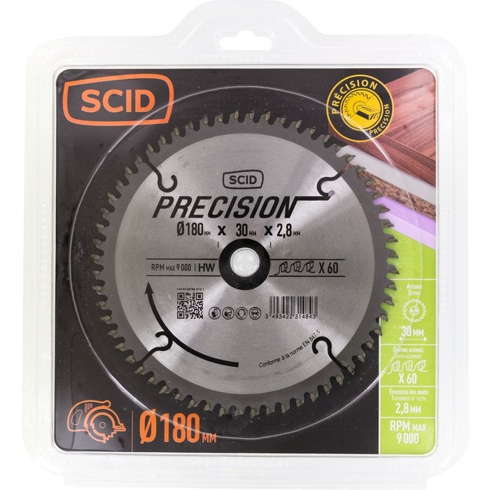 Lame au carbure pour scie circulaire SCID - Epaisseur 2,8 mm - 60 dents - Diamètre 180 mm - Alésage 30 mm - 2