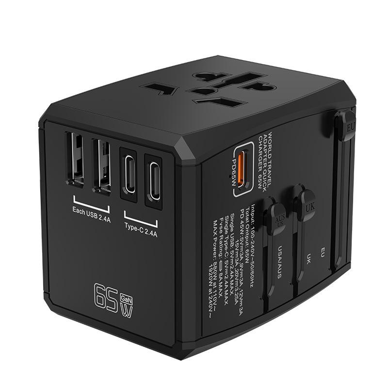Uniwersalny adapter podróżny do gniazdek elektrycznych 65W 2 USB + 3 Type-C Czarny Szybka Ładowarka Międzynarodowa Globalna do UK USA AUS Kanada Chiny