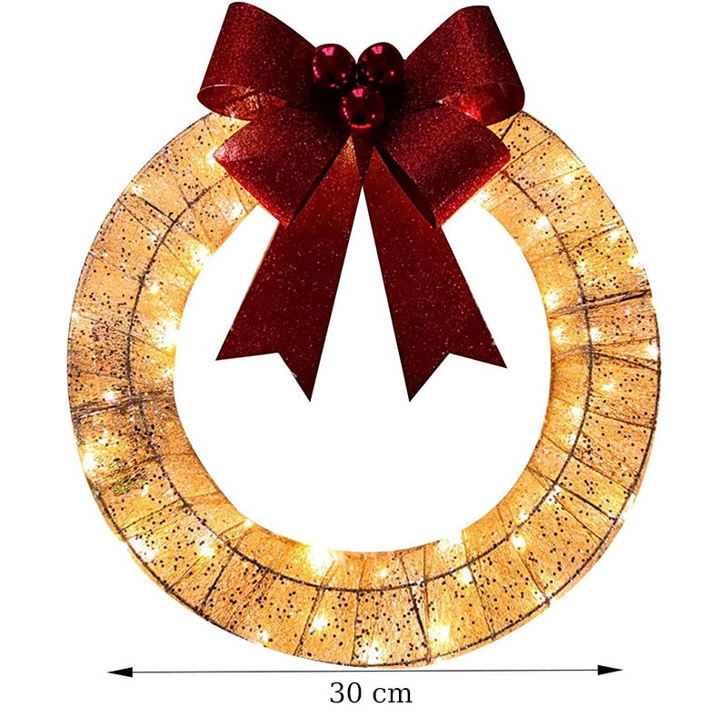 Ghirlanda Natalizia 30 Cm Con Luci LED - Completa Di Fiocco, Campanelli E Stelle, Per Porta Interna Ed Esterna