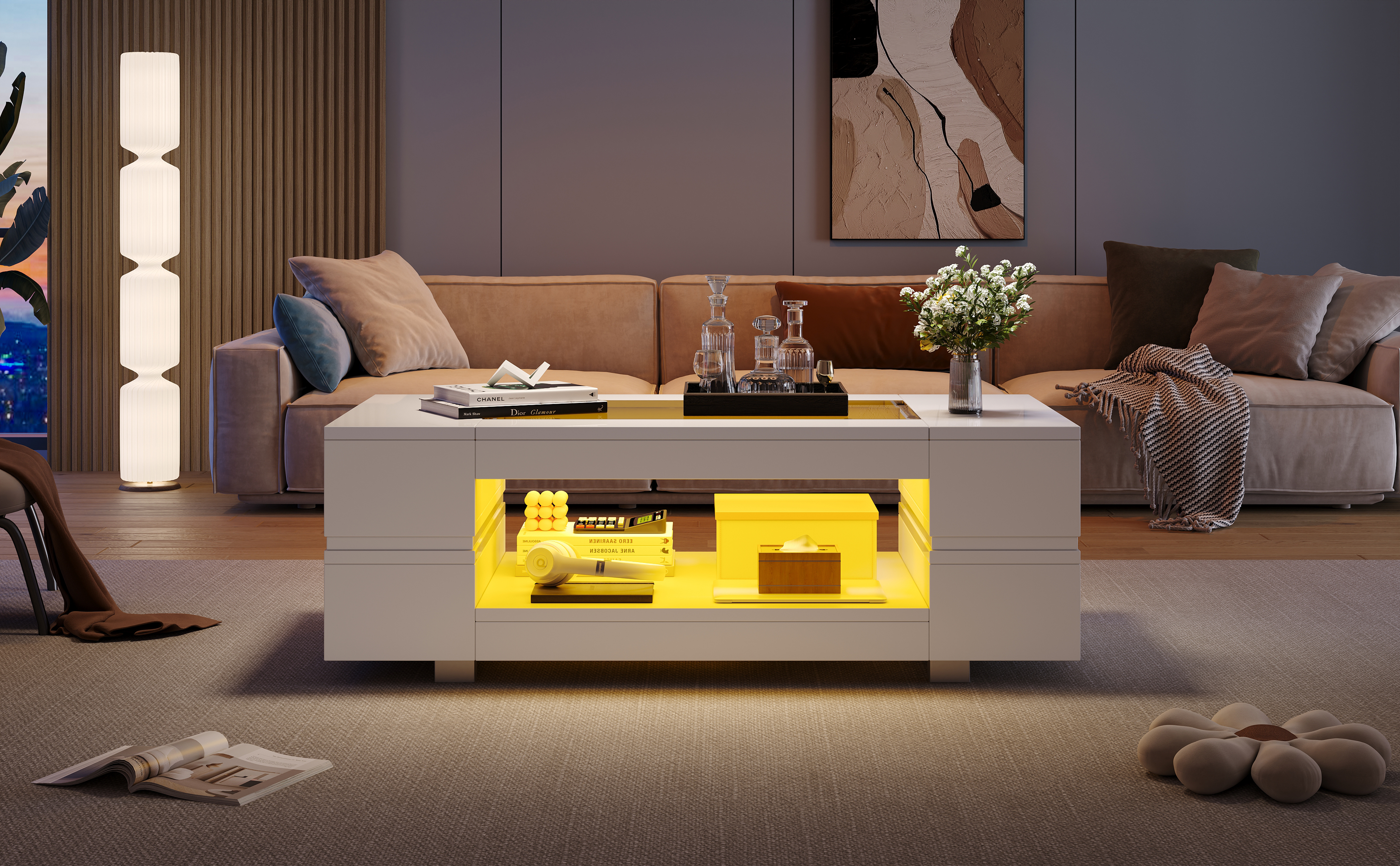 Stolik kawowy z otwartą przegrodą - 100 x 50 x 35 cm - diody LED - płyta wiórowa i szklany blat - biały - 9