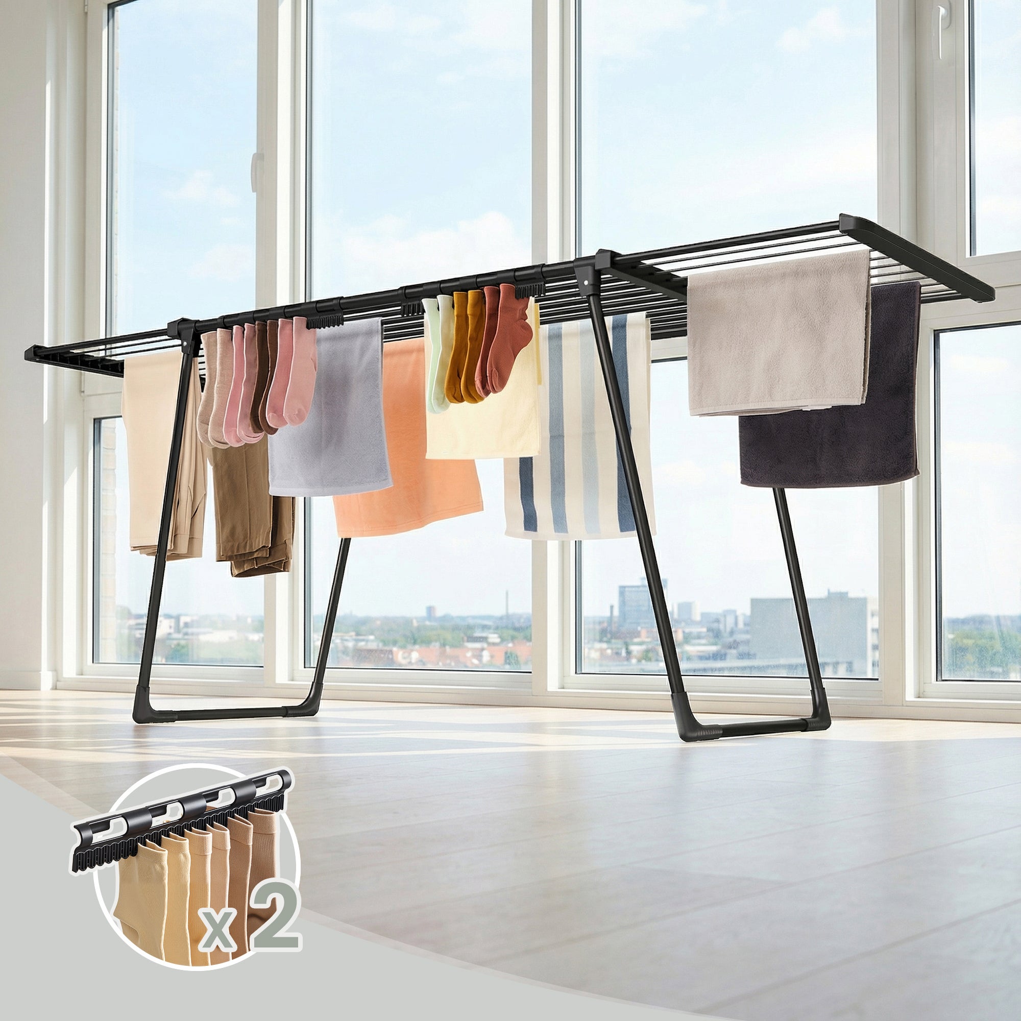 Étendoir à Linge Pliable, Support Extensible avec Porte-chaussettes, 22 m d’Étendage, Noir - 3