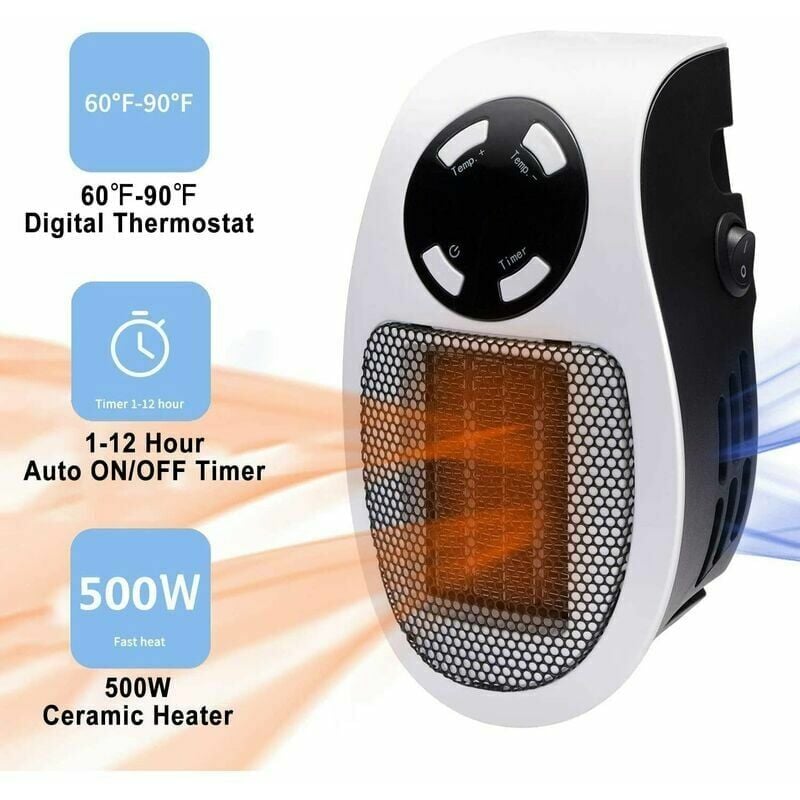2pièces 500 Watts Chauffage Soufflant Ceramique Mini Chauffage Soufflant Chauffage Dappoint éConomique Portable Prise avec Thermostat et Minuterie - 2